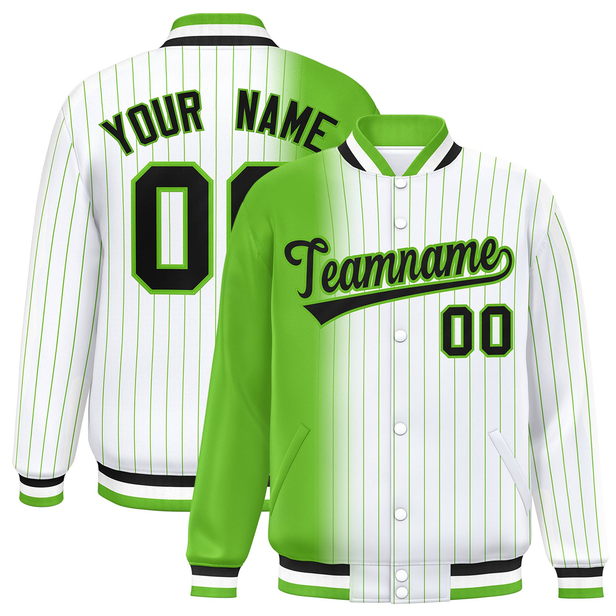 Custom White Neon-Green Pinstripe Black-Neon Green Gradient Fashion Varsity Full-Snap Jacket