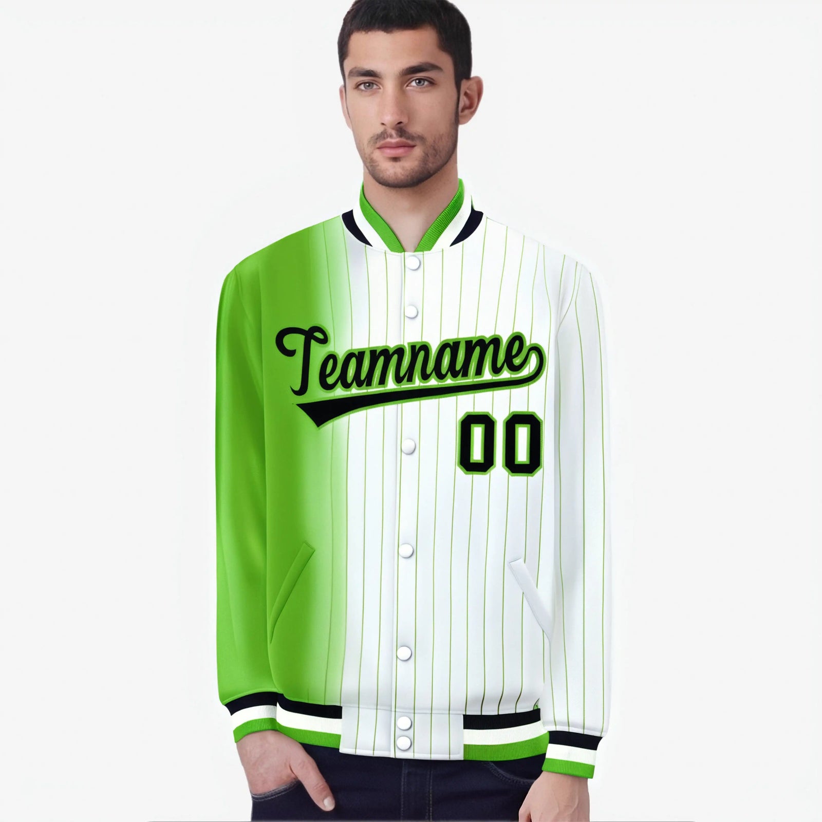 Custom White Neon-Green Pinstripe Black-Neon Green Gradient Fashion Varsity Full-Snap Jacket
