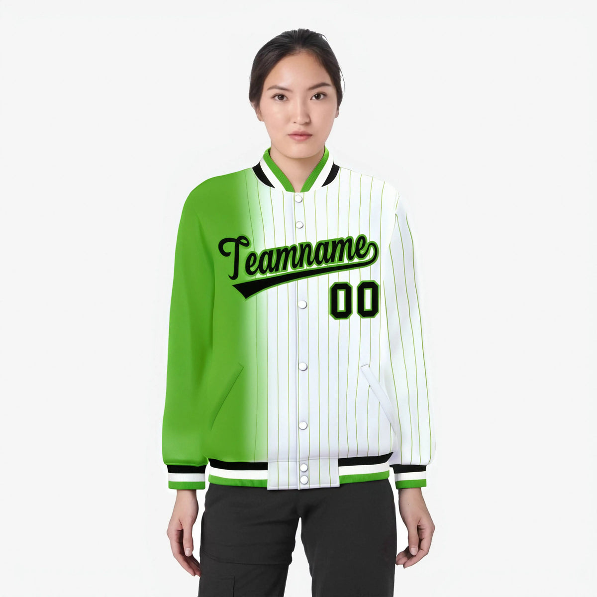 Custom White Neon-Green Pinstripe Black-Neon Green Gradient Fashion Varsity Full-Snap Jacket