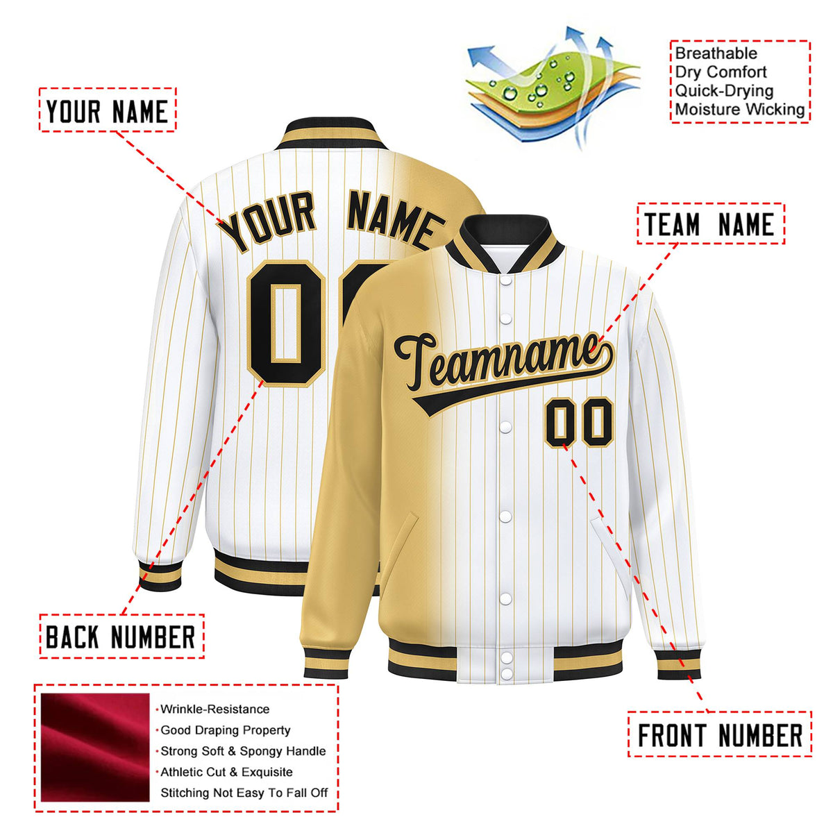 Custom White Khaki Pinstripe Black-Khaki Gradient Fashion Varsity Full-Snap Jacket