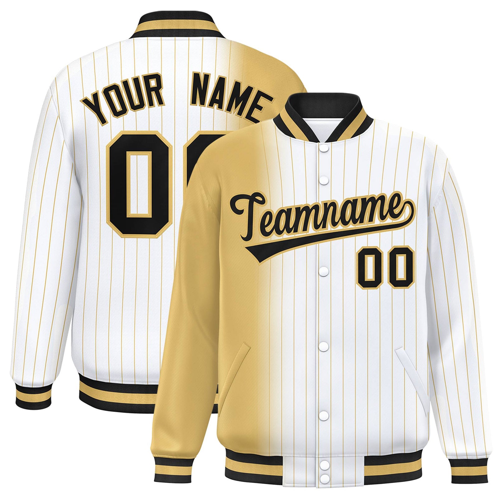 Custom White Khaki Pinstripe Black-Khaki Gradient Fashion Varsity Full-Snap Jacket