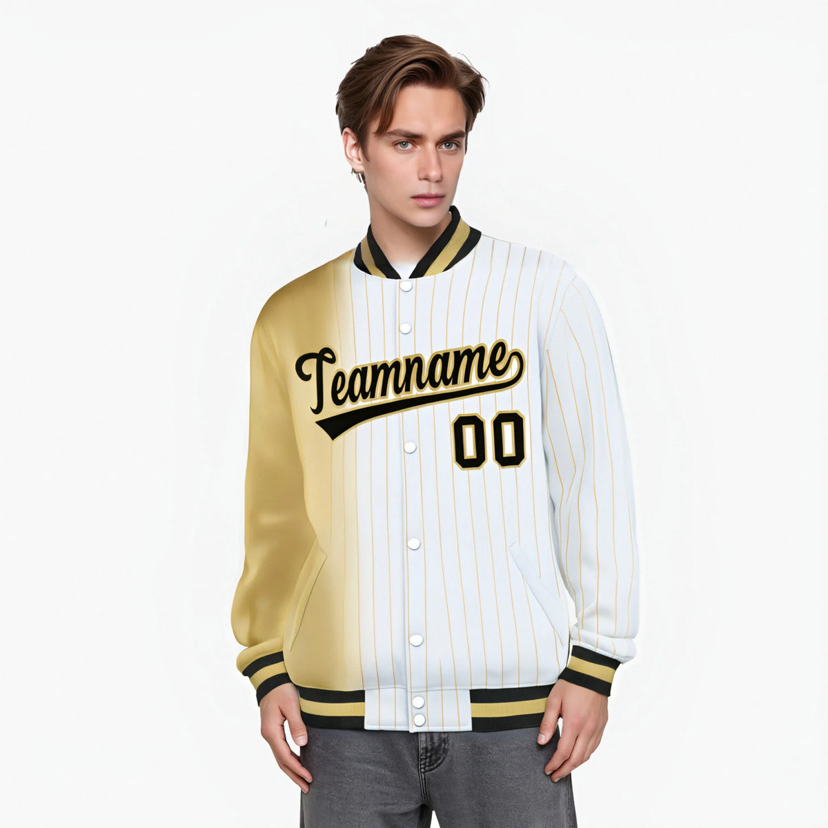 Custom White Khaki Pinstripe Black-Khaki Gradient Fashion Varsity Full-Snap Jacket