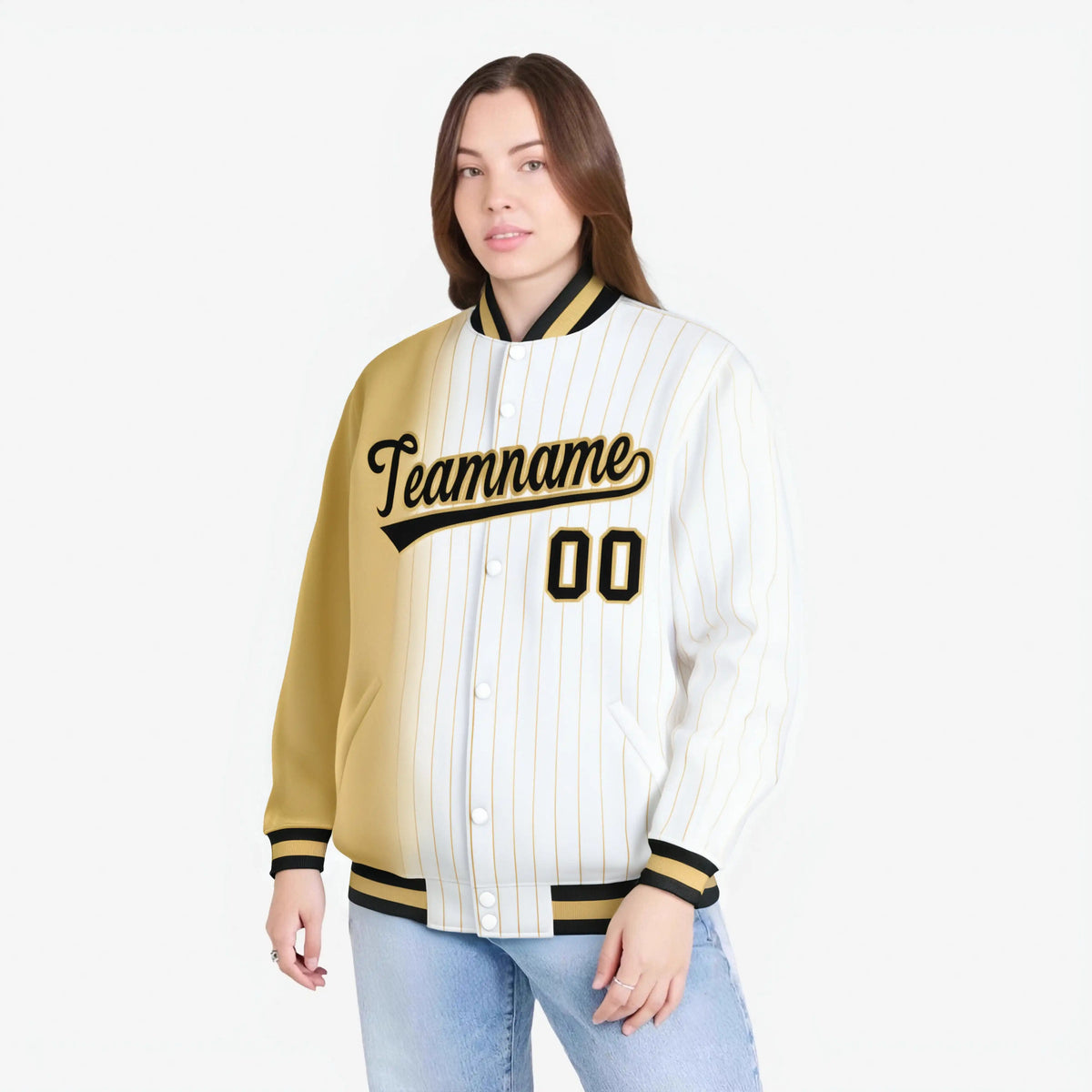 Custom White Khaki Pinstripe Black-Khaki Gradient Fashion Varsity Full-Snap Jacket