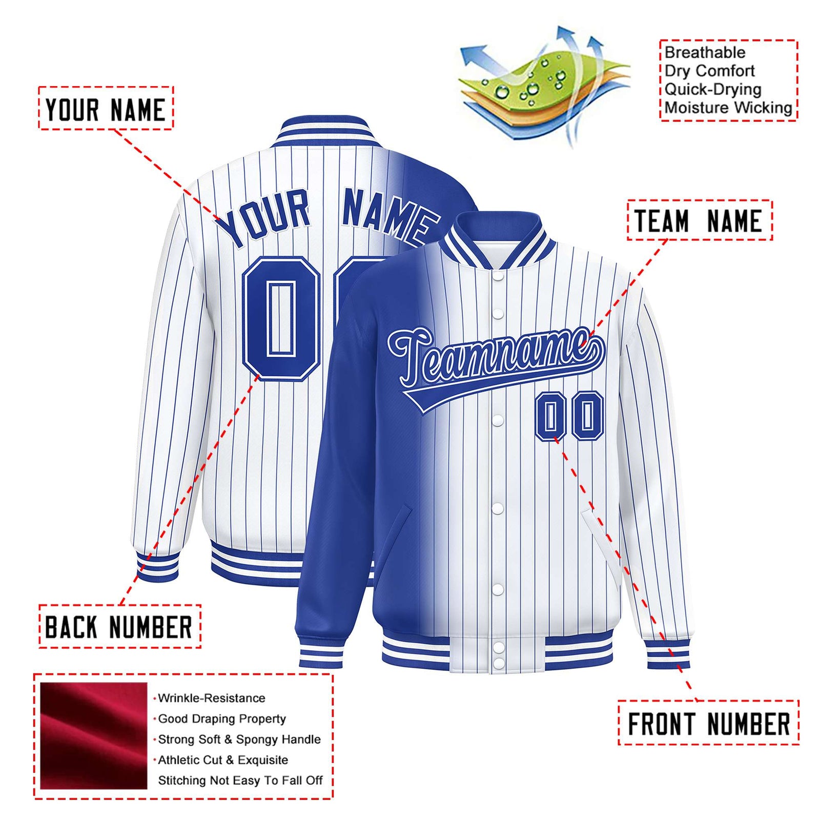 Custom White Royal Blue Pinstripe Royal Blue-White Gradient Fashion Varsity Full-Snap Jacket