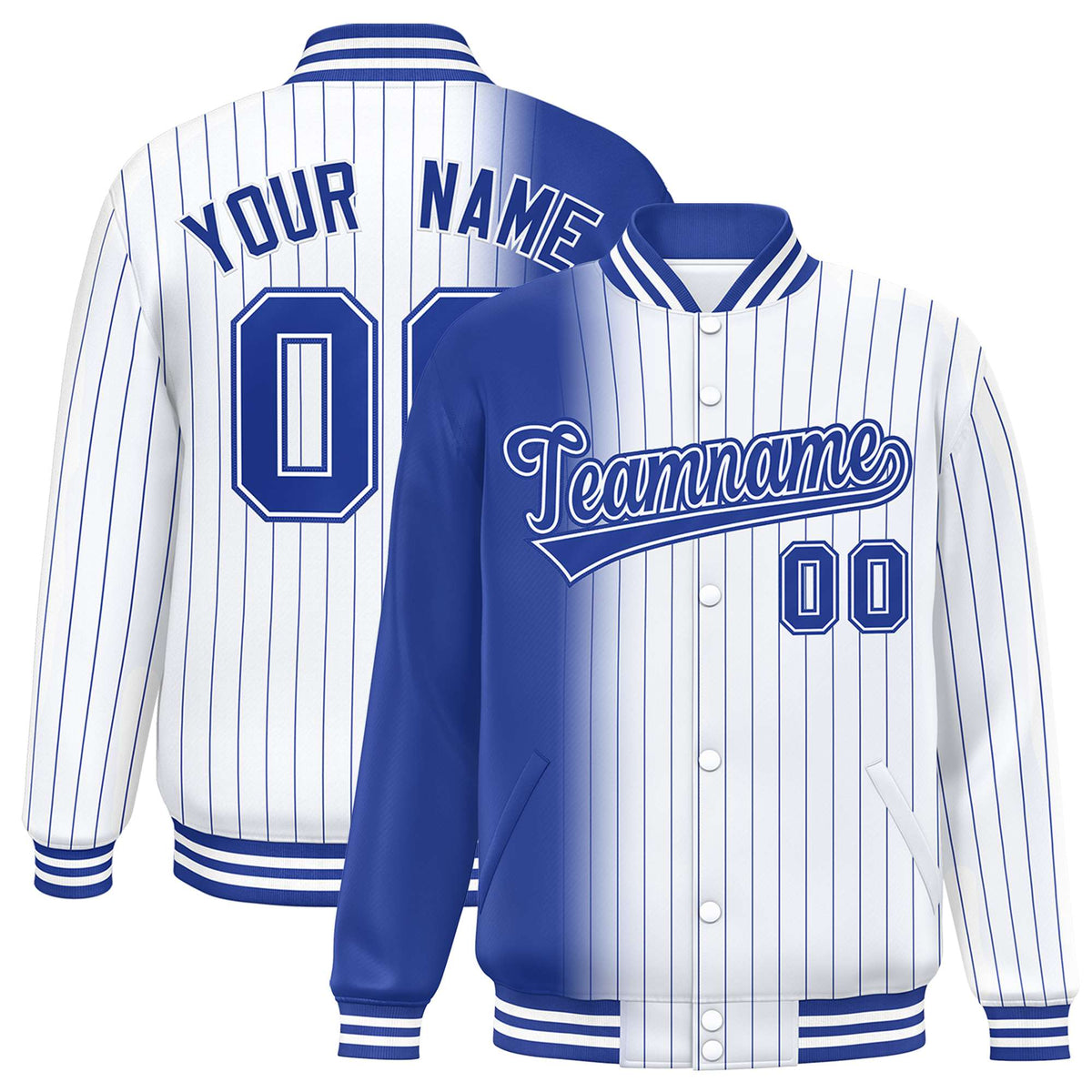 Custom White Royal Blue Pinstripe Royal Blue-White Gradient Fashion Varsity Full-Snap Jacket