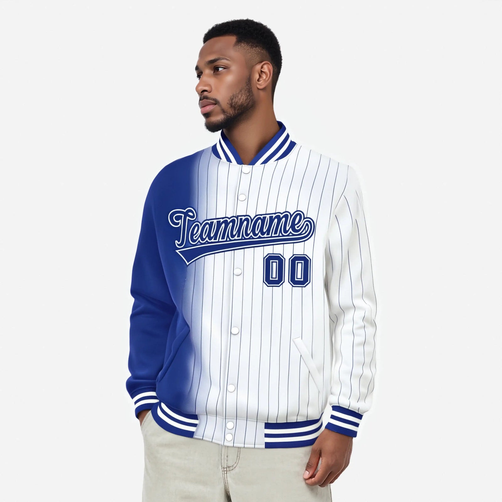 Custom White Royal Blue Pinstripe Royal Blue-White Gradient Fashion Varsity Full-Snap Jacket