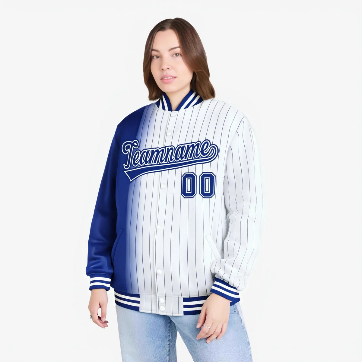 Custom White Royal Blue Pinstripe Royal Blue-White Gradient Fashion Varsity Full-Snap Jacket