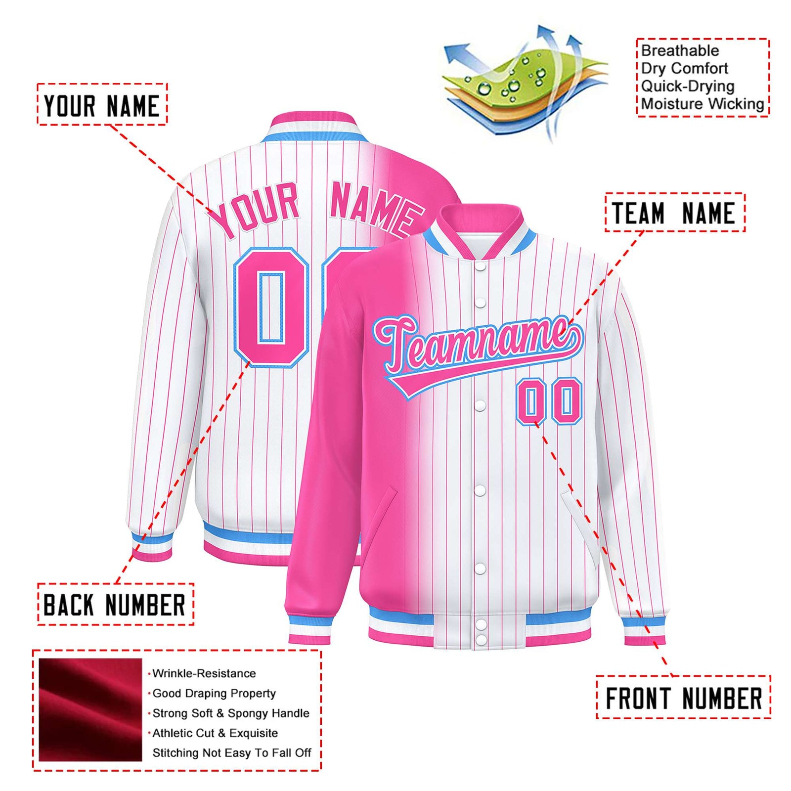 Custom White Pink Pinstripe Pink-Powder Blue Gradient Fashion Varsity Full-Snap Jacket