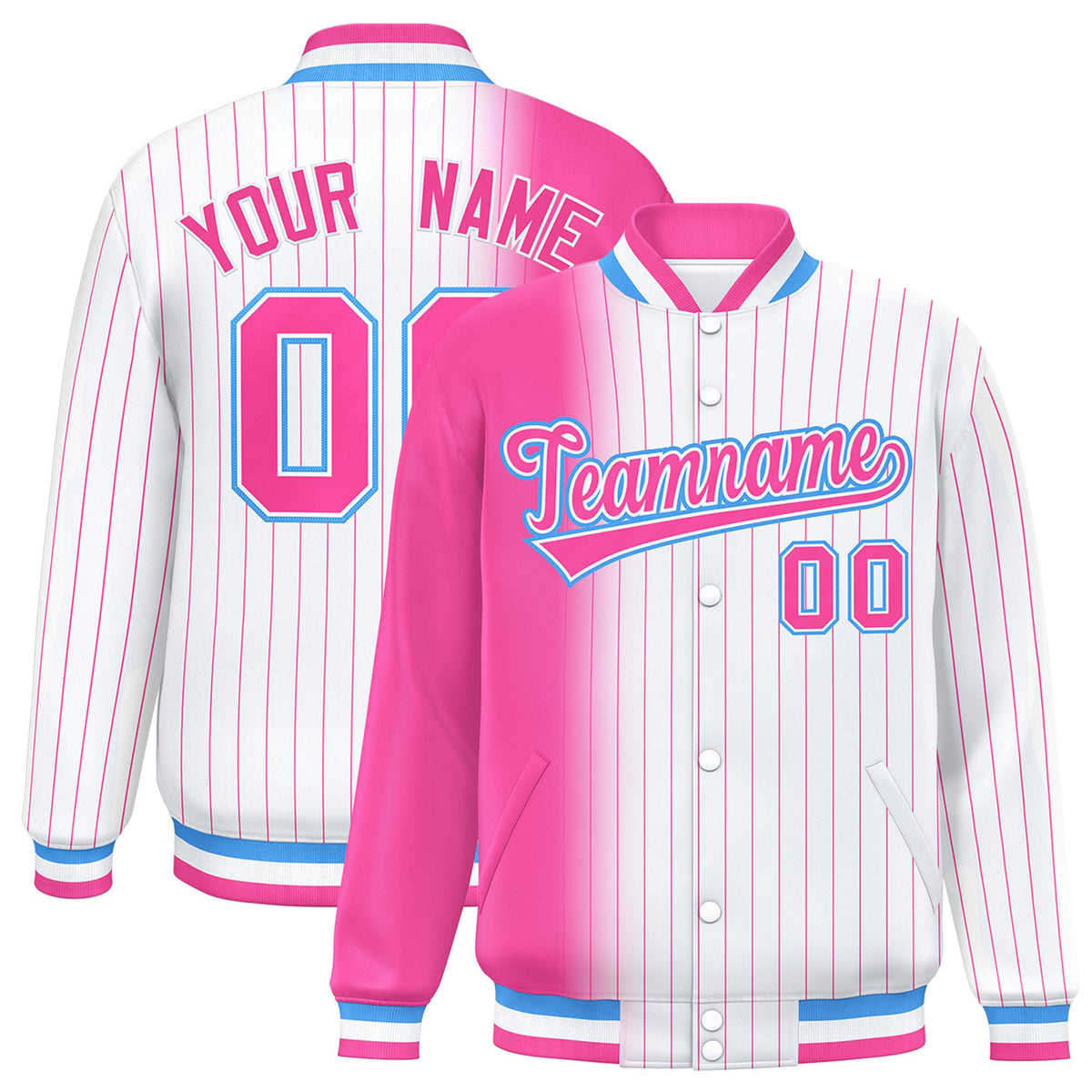 Custom White Pink Pinstripe Pink-Powder Blue Gradient Fashion Varsity Full-Snap Jacket
