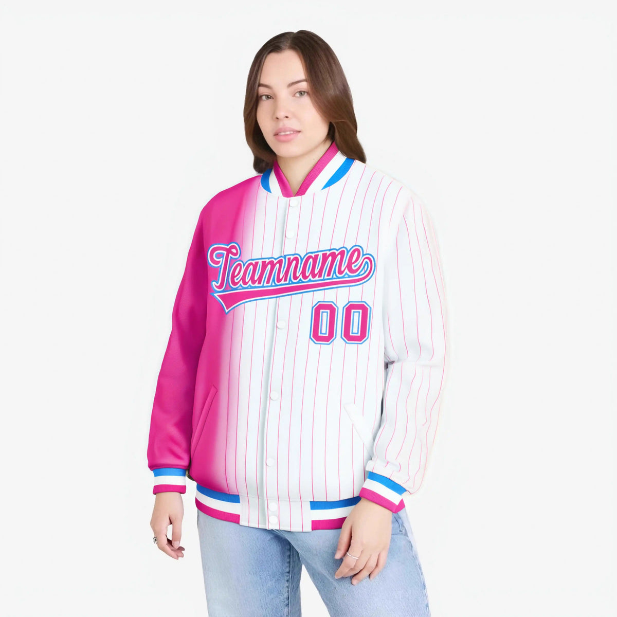 Custom White Pink Pinstripe Pink-Powder Blue Gradient Fashion Varsity Full-Snap Jacket