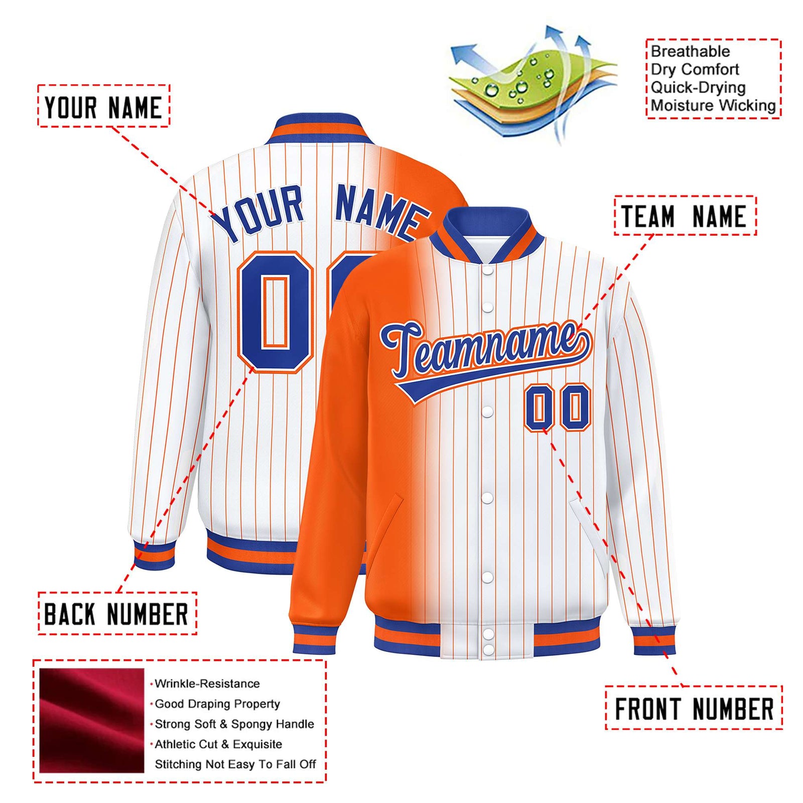 Custom White Orange Pinstripe Orange-Royal Blue Gradient Fashion Varsity Full-Snap Jacket