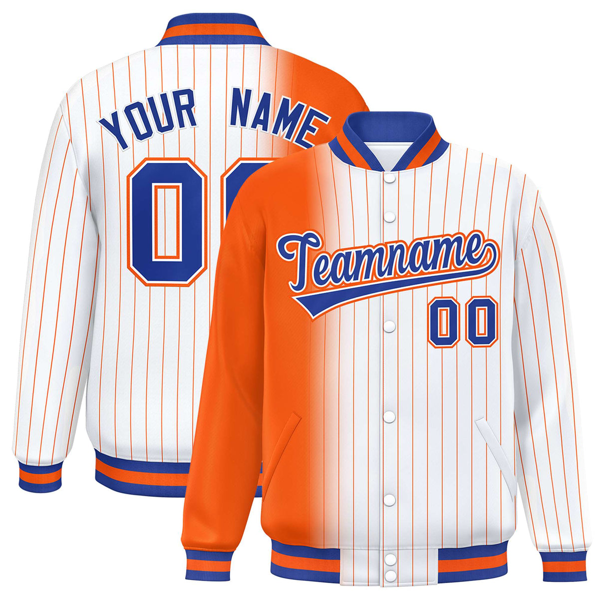 Custom White Orange Pinstripe Orange-Royal Blue Gradient Fashion Varsity Full-Snap Jacket