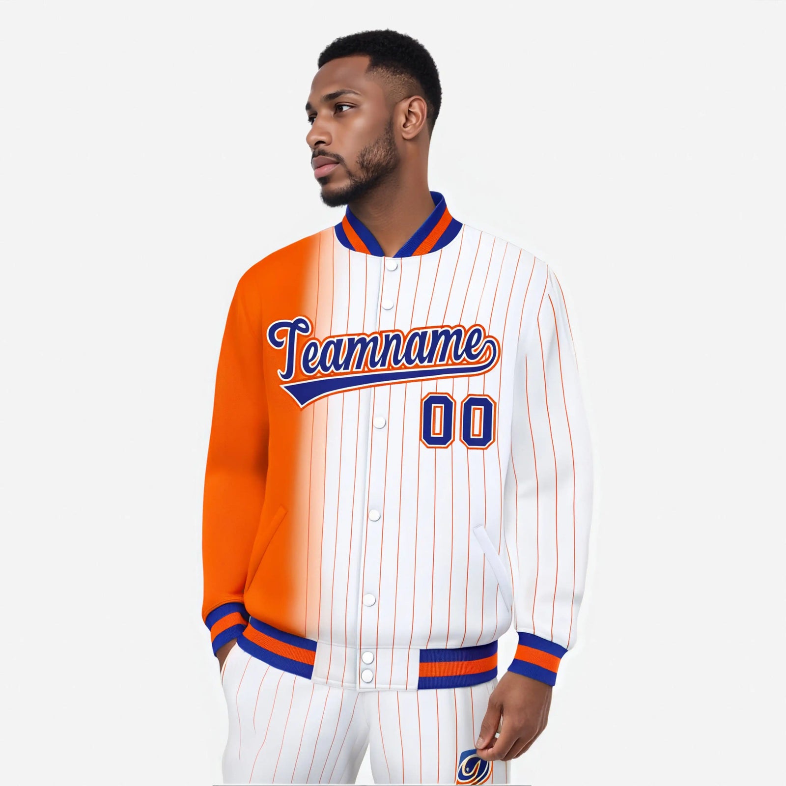 Custom White Orange Pinstripe Orange-Royal Blue Gradient Fashion Varsity Full-Snap Jacket