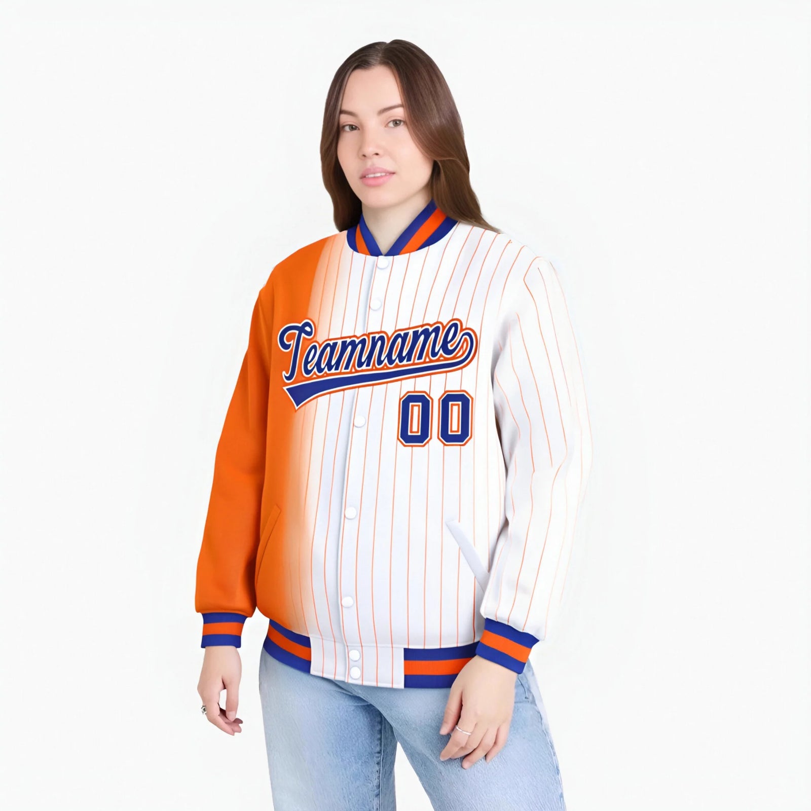 Custom White Orange Pinstripe Orange-Royal Blue Gradient Fashion Varsity Full-Snap Jacket