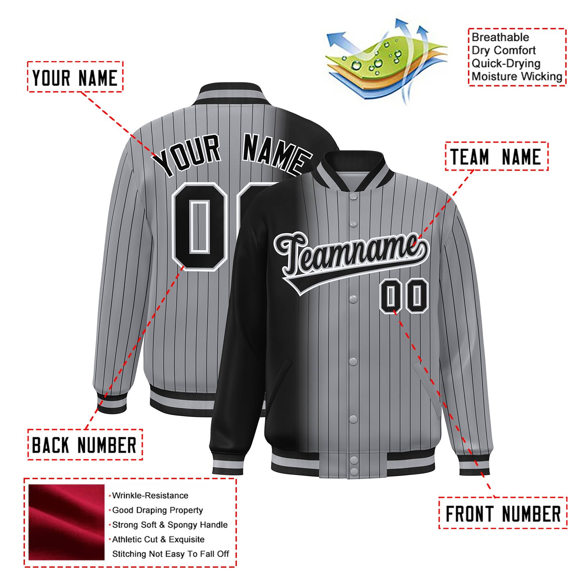 Custom Gray Black Pinstripe Black-White Gradient Fashion Varsity Full-Snap Jacket