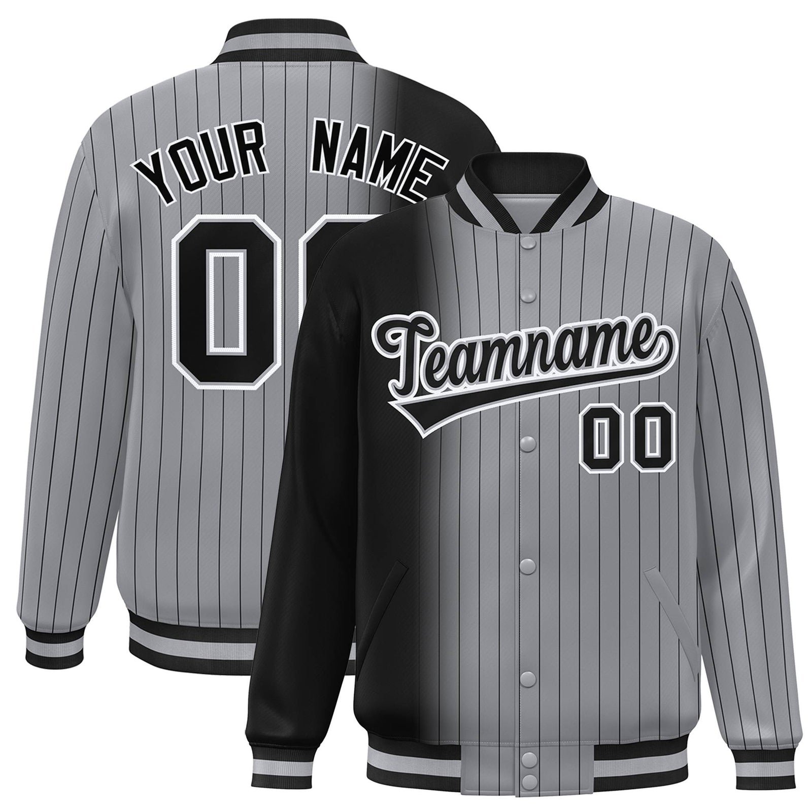 Custom Gray Black Pinstripe Black-White Gradient Fashion Varsity Full-Snap Jacket
