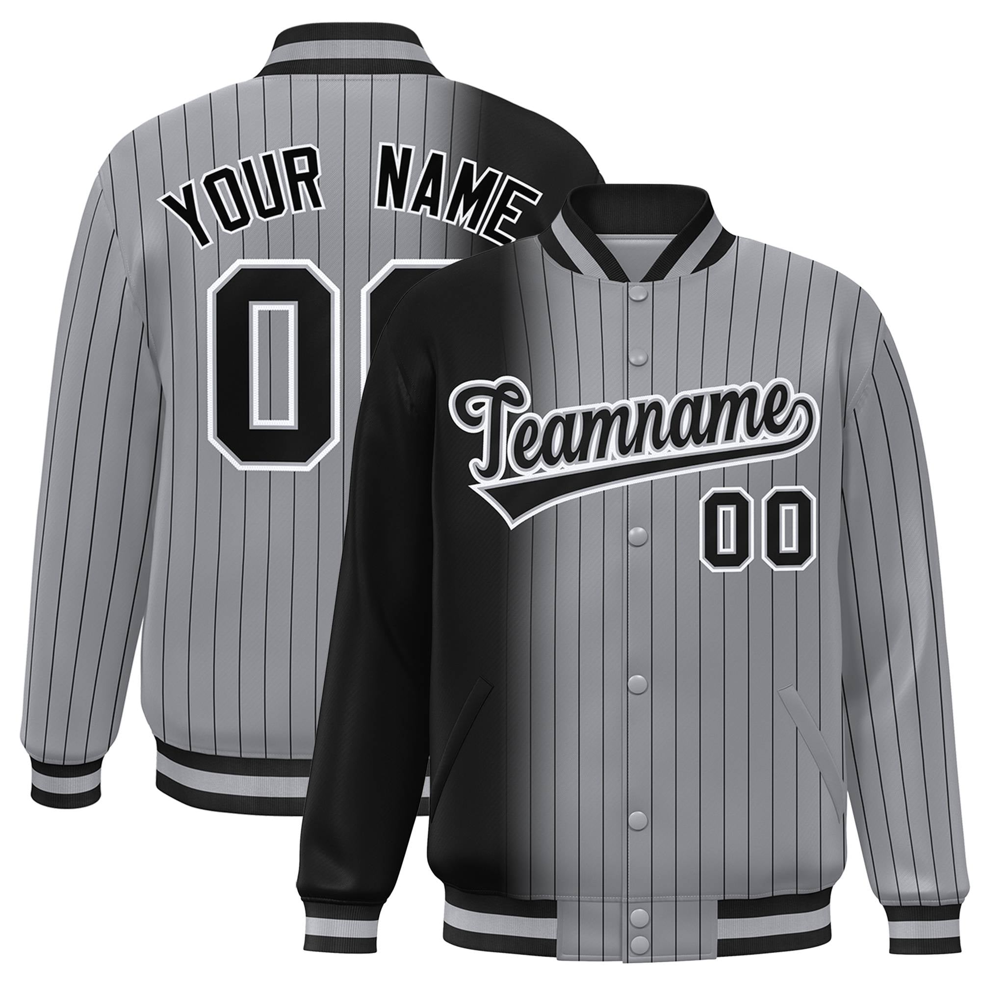 Custom Gray Black Pinstripe Black-White Gradient Fashion Varsity Full-Snap Jacket