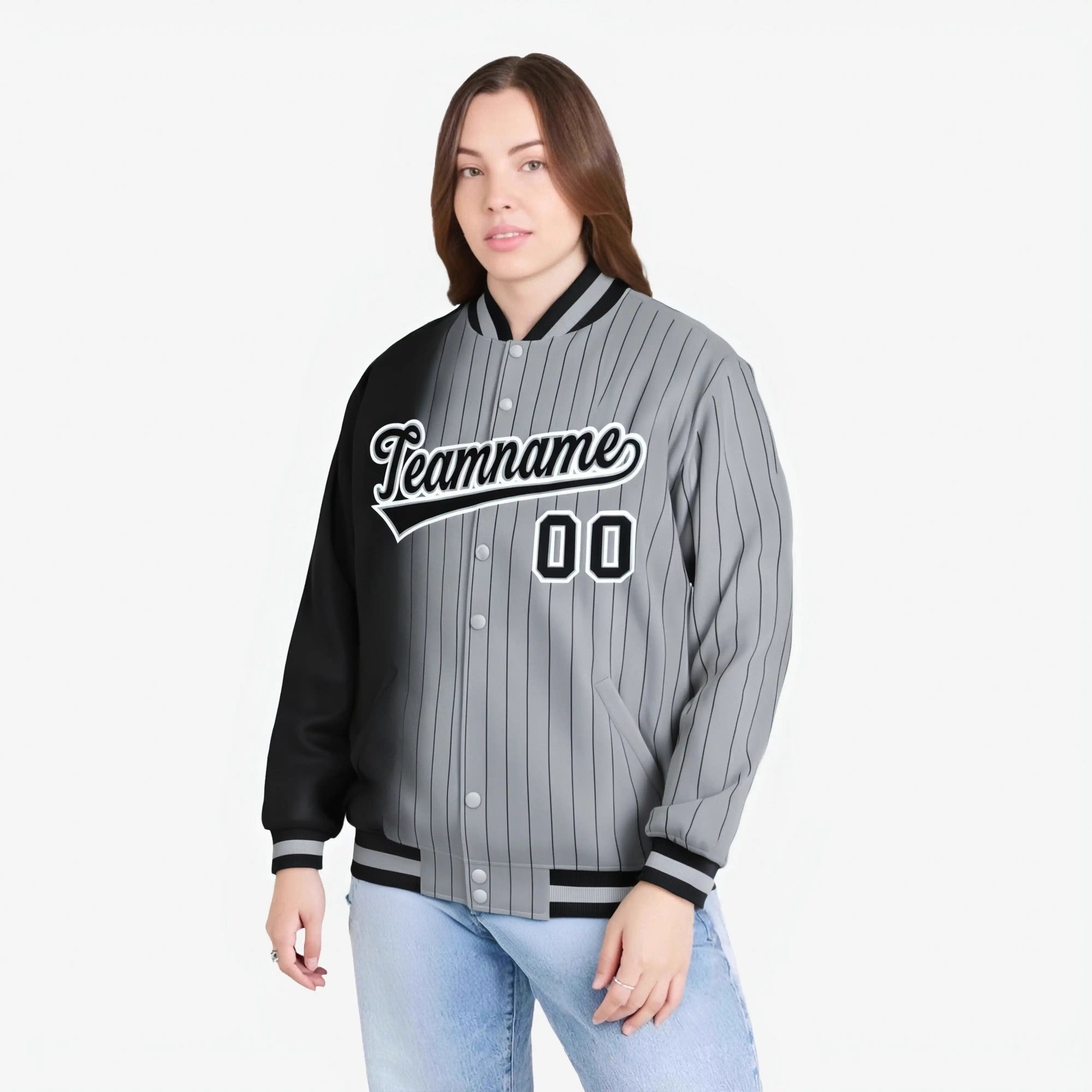 Custom Gray Black Pinstripe Black-White Gradient Fashion Varsity Full-Snap Jacket