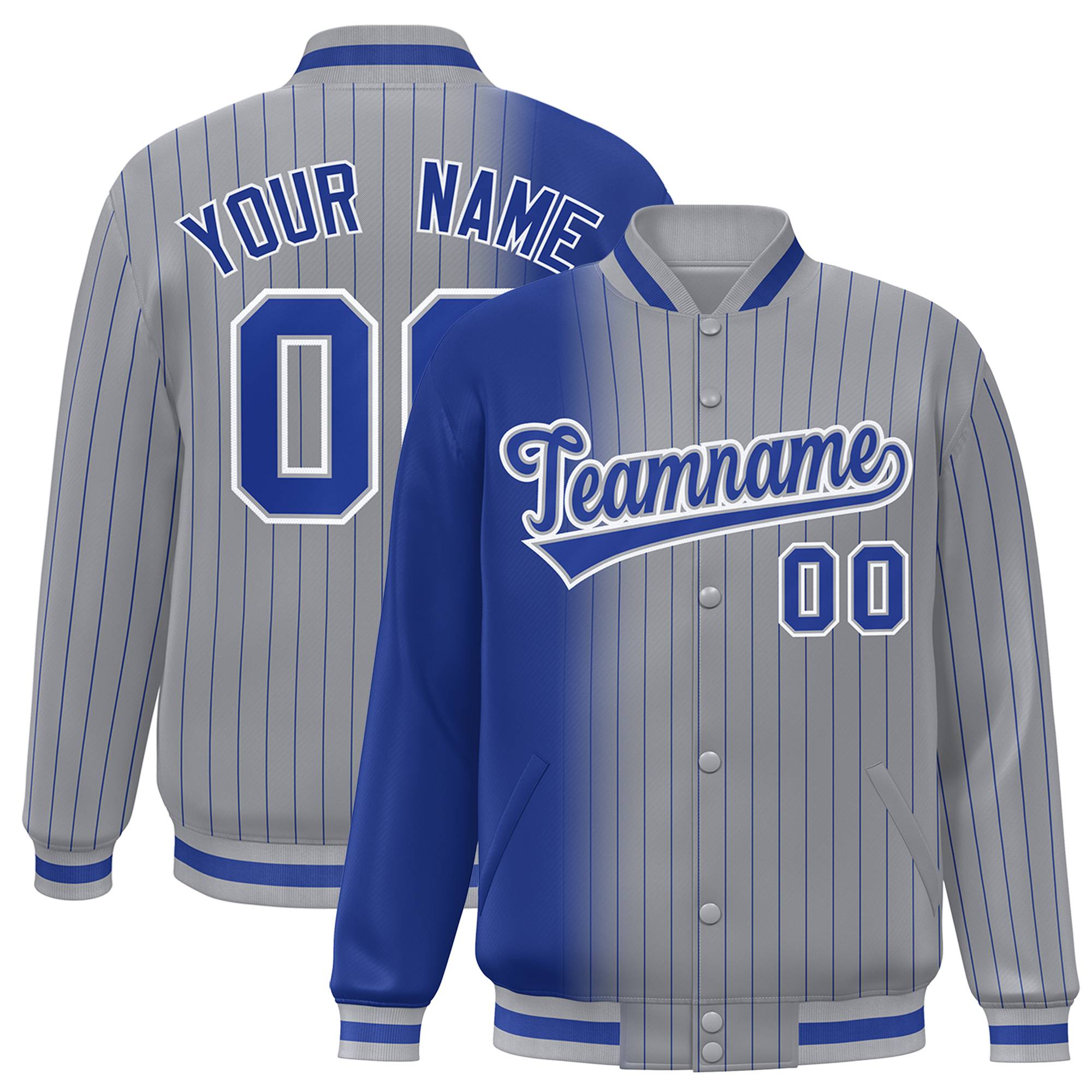 Custom Gray Royal Blue Pinstripe Royal Blue-White Gradient Fashion Varsity Full-Snap Jacket