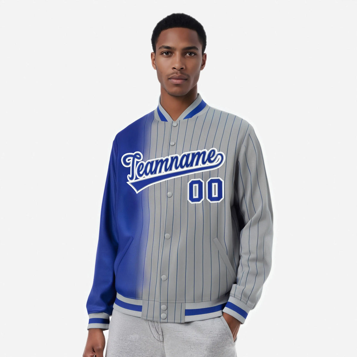 Custom Gray Royal Blue Pinstripe Royal Blue-White Gradient Fashion Varsity Full-Snap Jacket