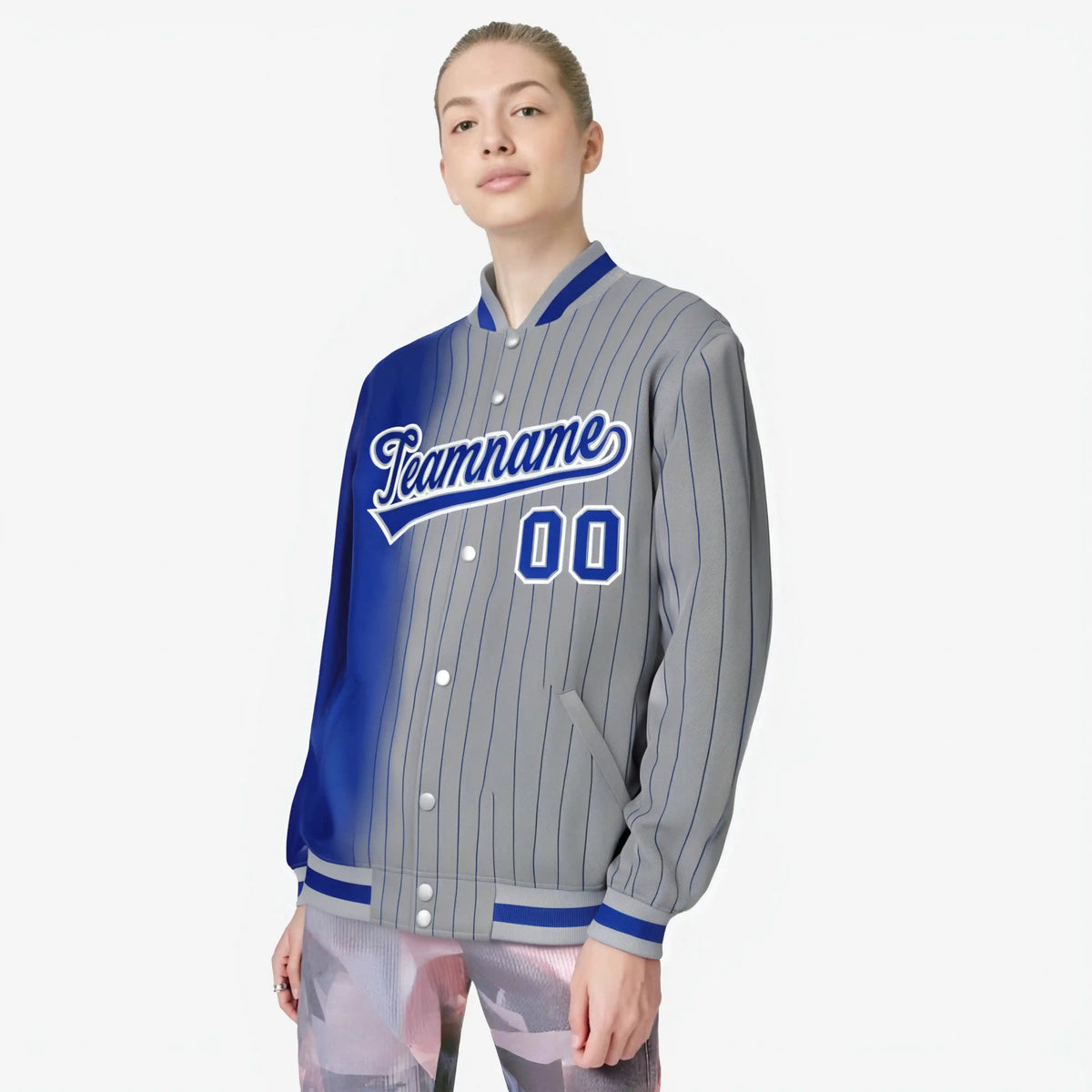 Custom Gray Royal Blue Pinstripe Royal Blue-White Gradient Fashion Varsity Full-Snap Jacket