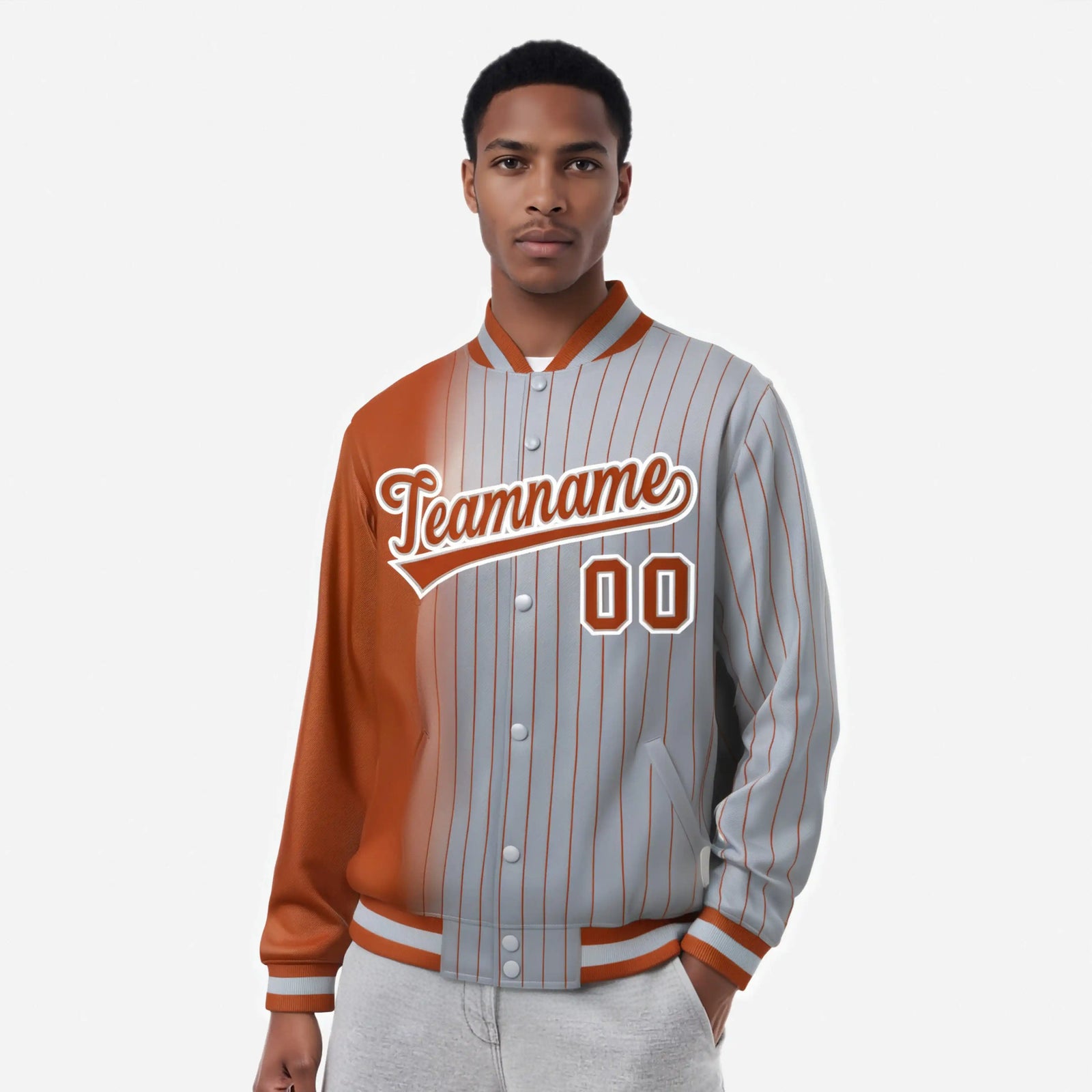 Custom Gray Munsell Pinstripe Munsell-White Gradient Fashion Varsity Full-Snap Jacket