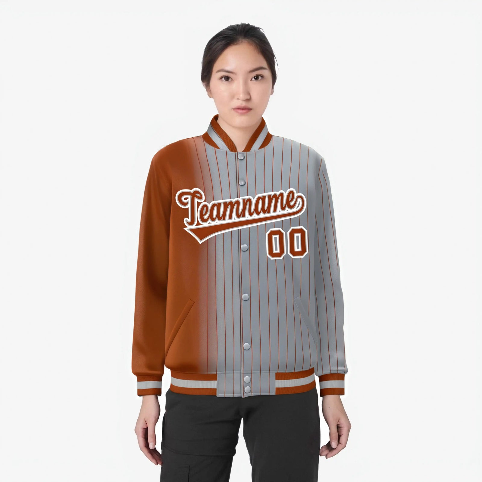 Custom Gray Munsell Pinstripe Munsell-White Gradient Fashion Varsity Full-Snap Jacket