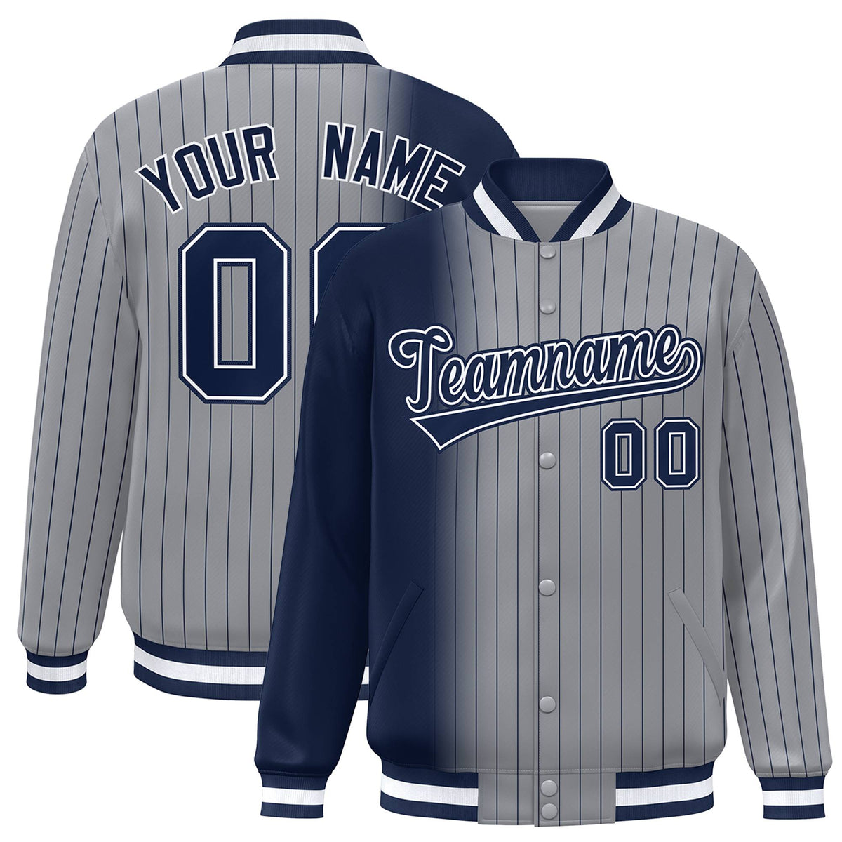 Custom Gray Navy Pinstripe Navy-White Gradient Fashion Varsity Full-Snap Jacket