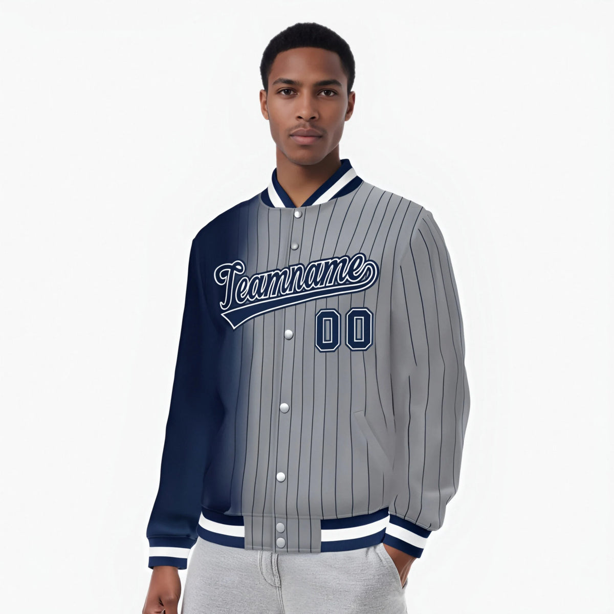 Custom Gray Navy Pinstripe Navy-White Gradient Fashion Varsity Full-Snap Jacket