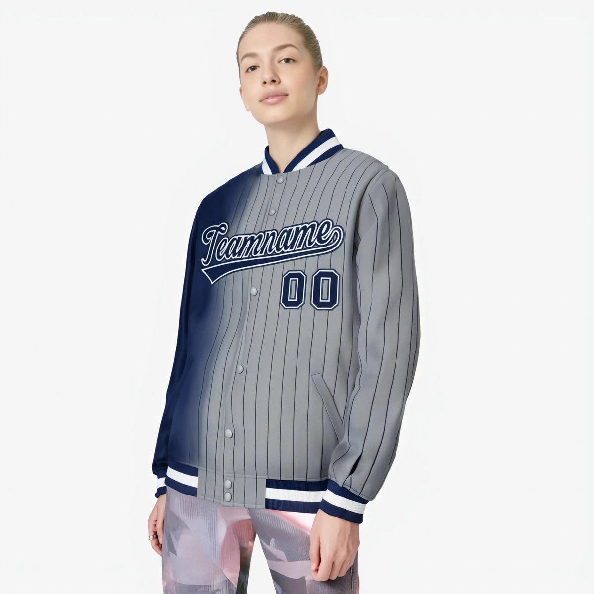 Custom Gray Navy Pinstripe Navy-White Gradient Fashion Varsity Full-Snap Jacket