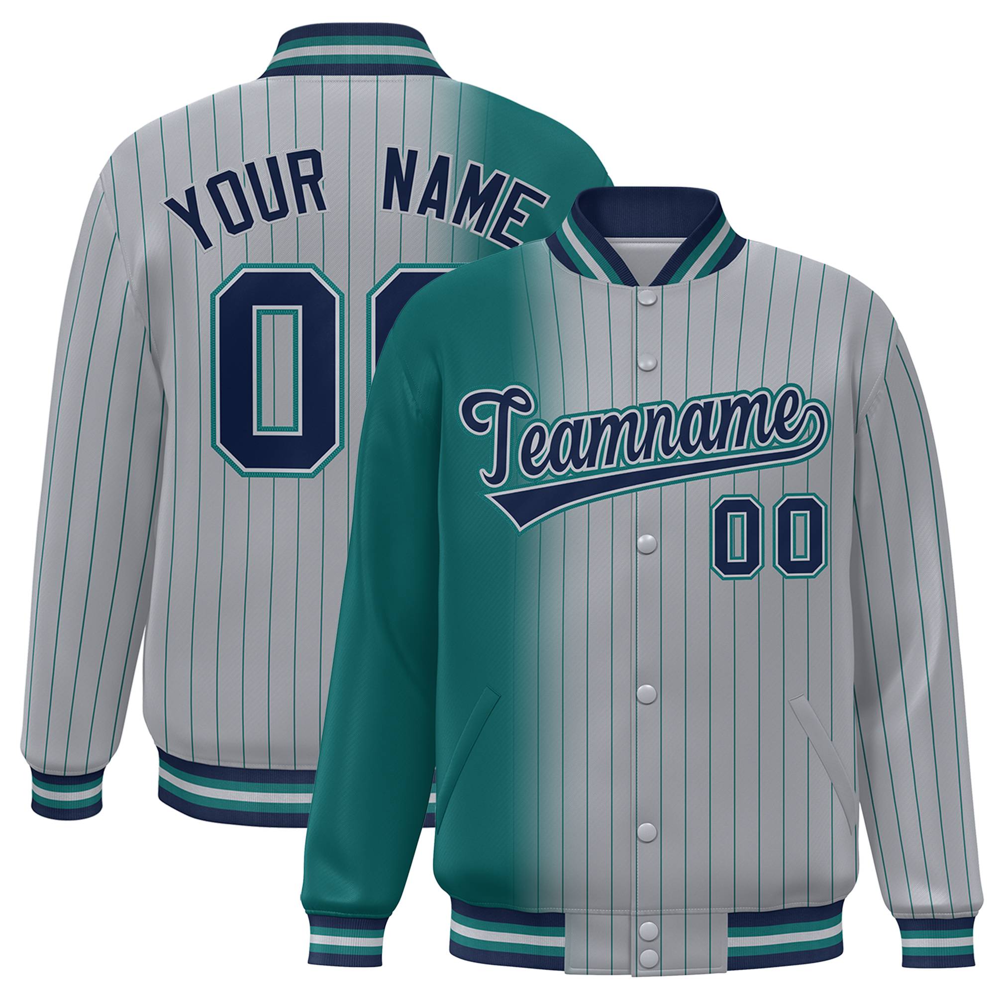 Custom Gray Teal Pinstripe Navy-Teal Gradient Fashion Varsity Full-Snap Jacket