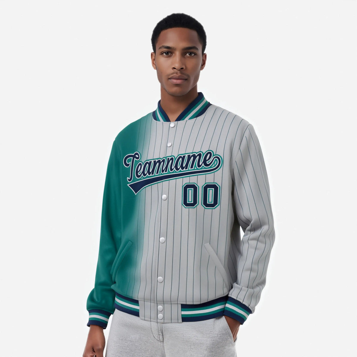 Custom Gray Teal Pinstripe Navy-Teal Gradient Fashion Varsity Full-Snap Jacket
