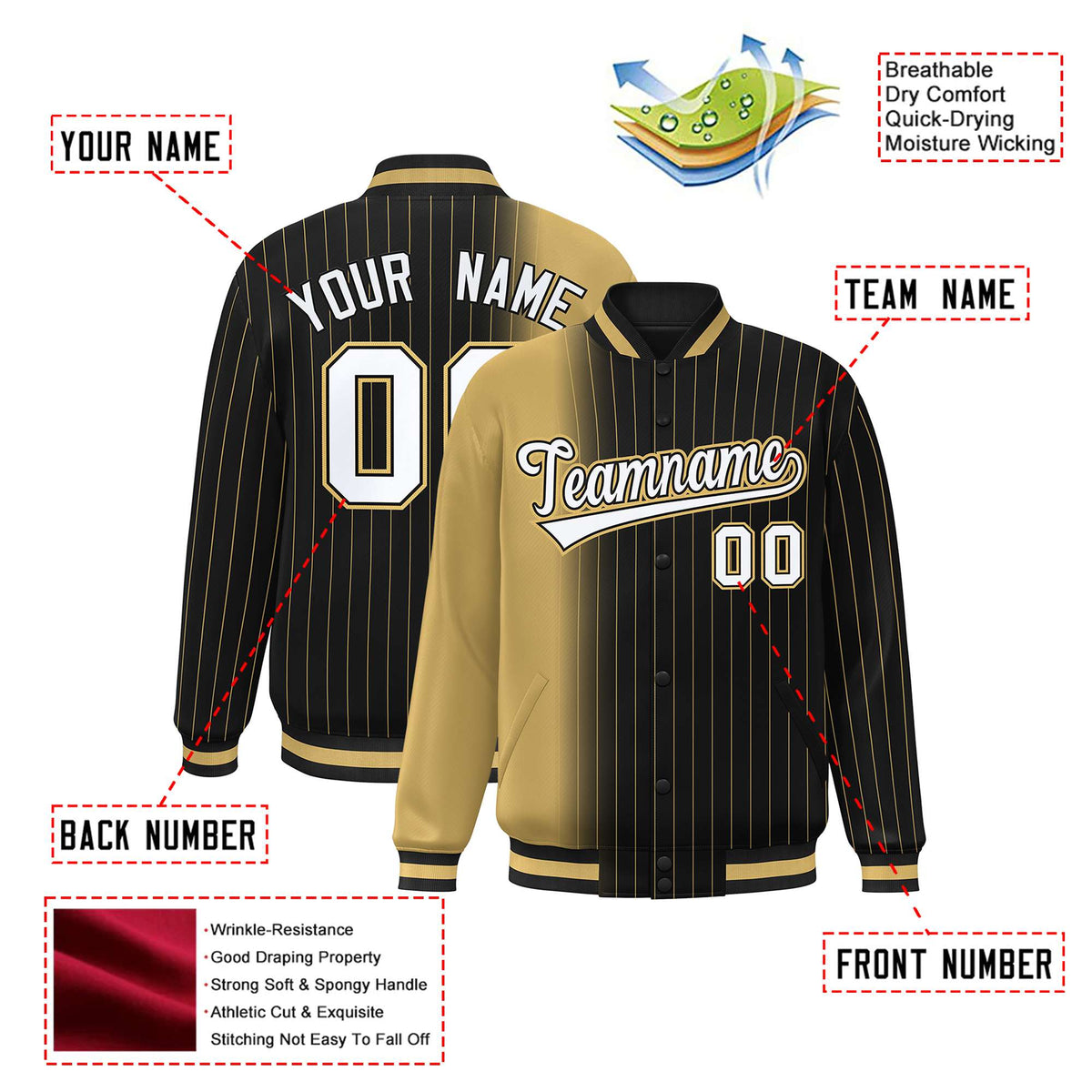 Custom Black Old-Gold Pinstripe White-Old Gold Gradient Fashion Varsity Full-Snap Jacket