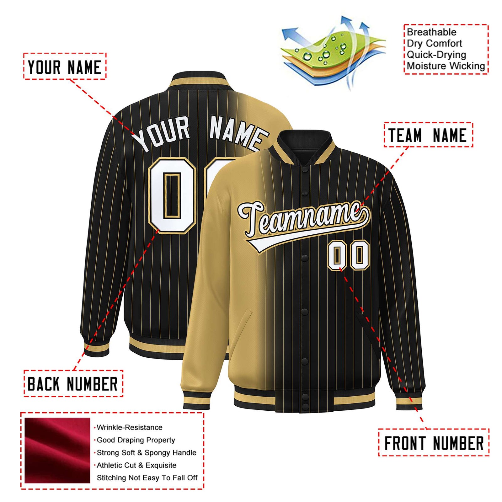 Custom Black Old-Gold Pinstripe White-Old Gold Gradient Fashion Varsity Full-Snap Jacket