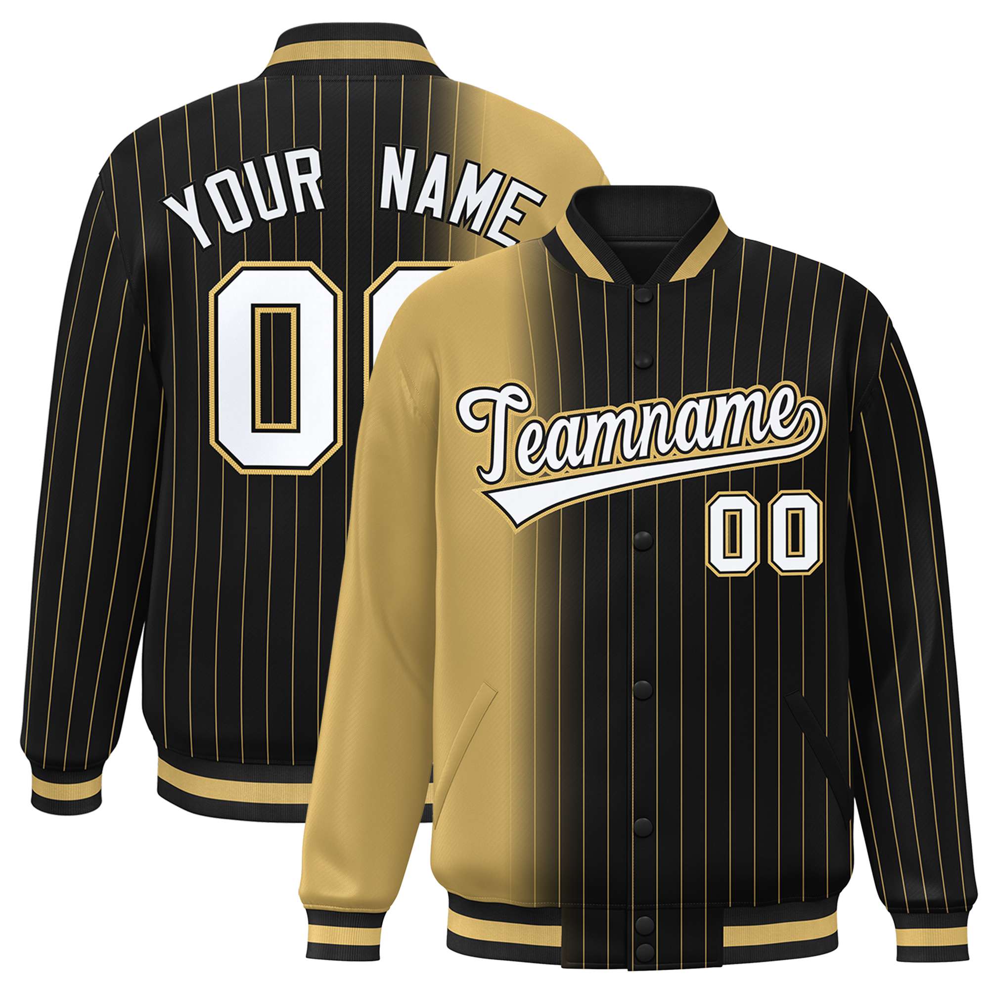 Custom Black Old-Gold Pinstripe White-Old Gold Gradient Fashion Varsity Full-Snap Jacket