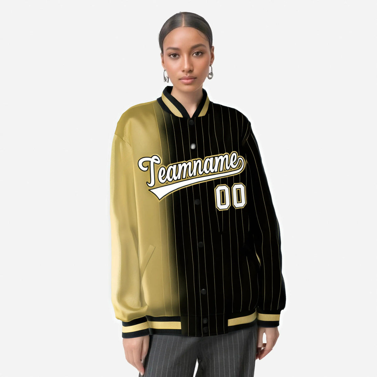 Custom Black Old-Gold Pinstripe White-Old Gold Gradient Fashion Varsity Full-Snap Jacket