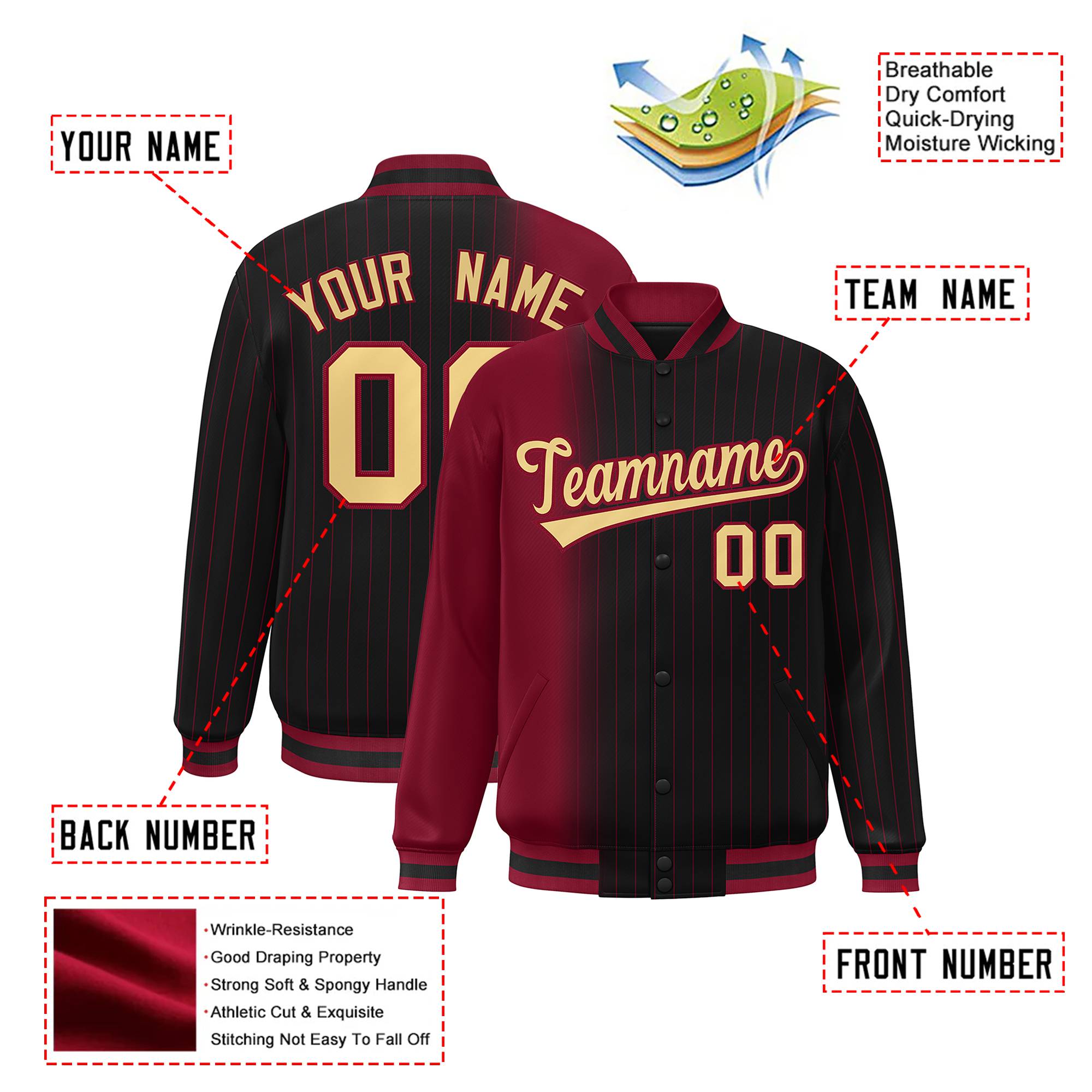 Custom Black Crimson Pinstripe Old Gold-Crimson Gradient Fashion Varsity Full-Snap Jacket