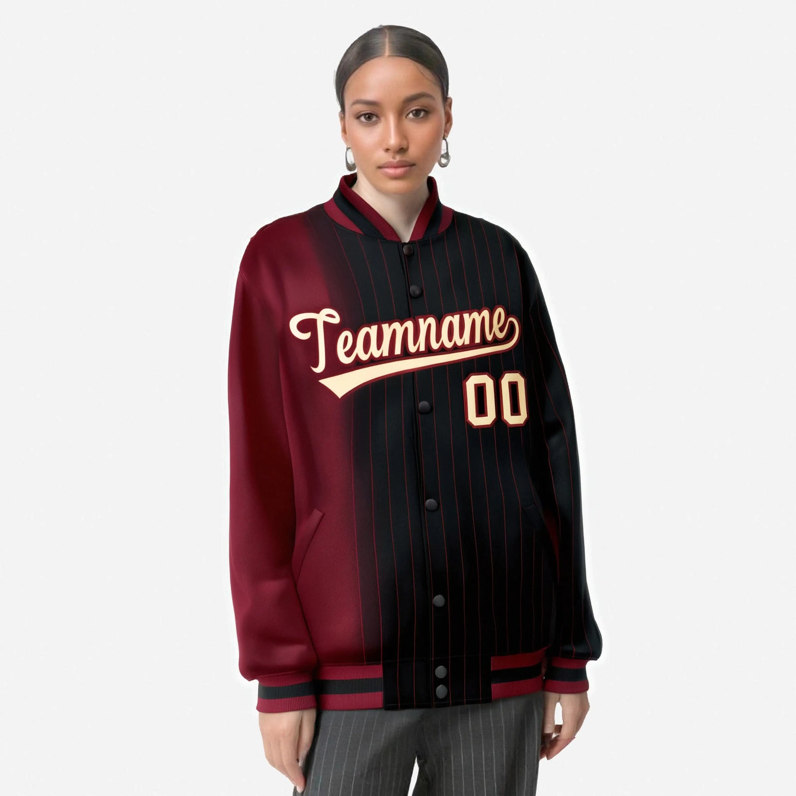 Custom Black Crimson Pinstripe Old Gold-Crimson Gradient Fashion Varsity Full-Snap Jacket