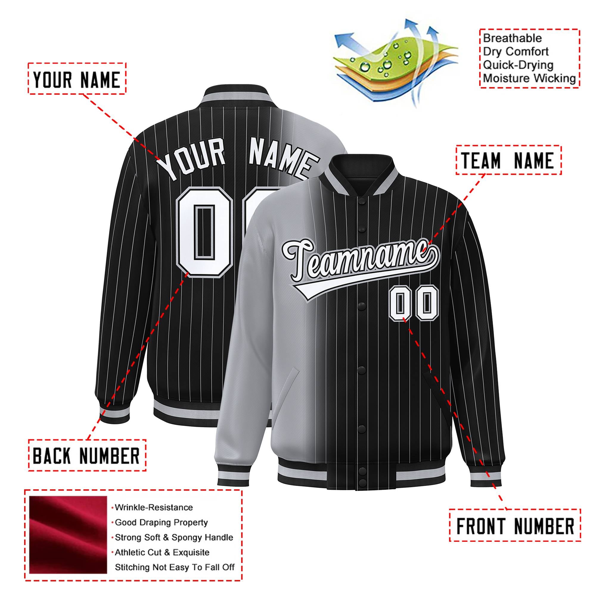 Custom Black Gray Pinstripe White-Gray Gradient Fashion Varsity Full-Snap Jacket