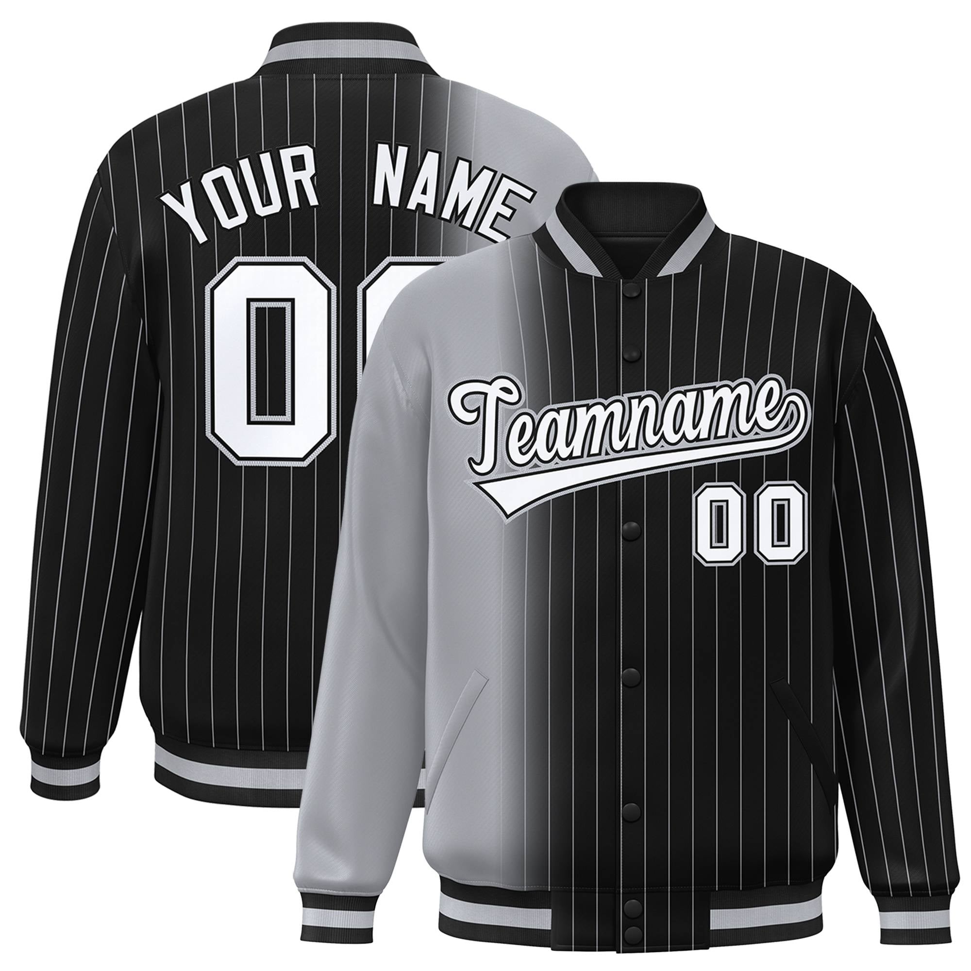 Custom Black Gray Pinstripe White-Gray Gradient Fashion Varsity Full-Snap Jacket