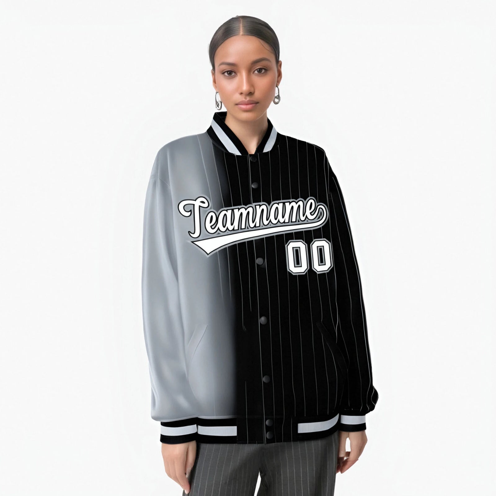 Custom Black Gray Pinstripe White-Gray Gradient Fashion Varsity Full-Snap Jacket