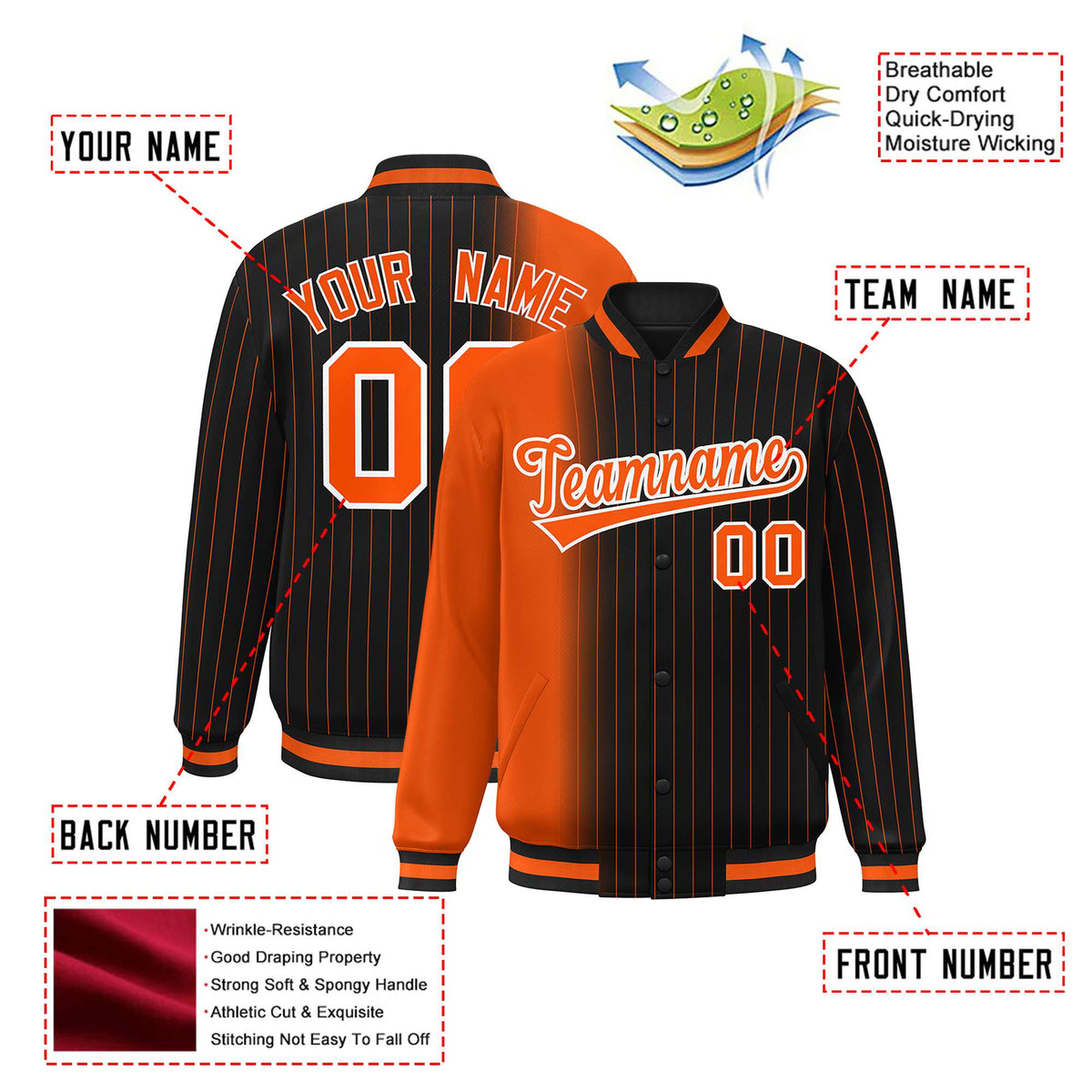 Custom Black Orange Pinstripe Orange-White Gradient Fashion Varsity Full-Snap Jacket