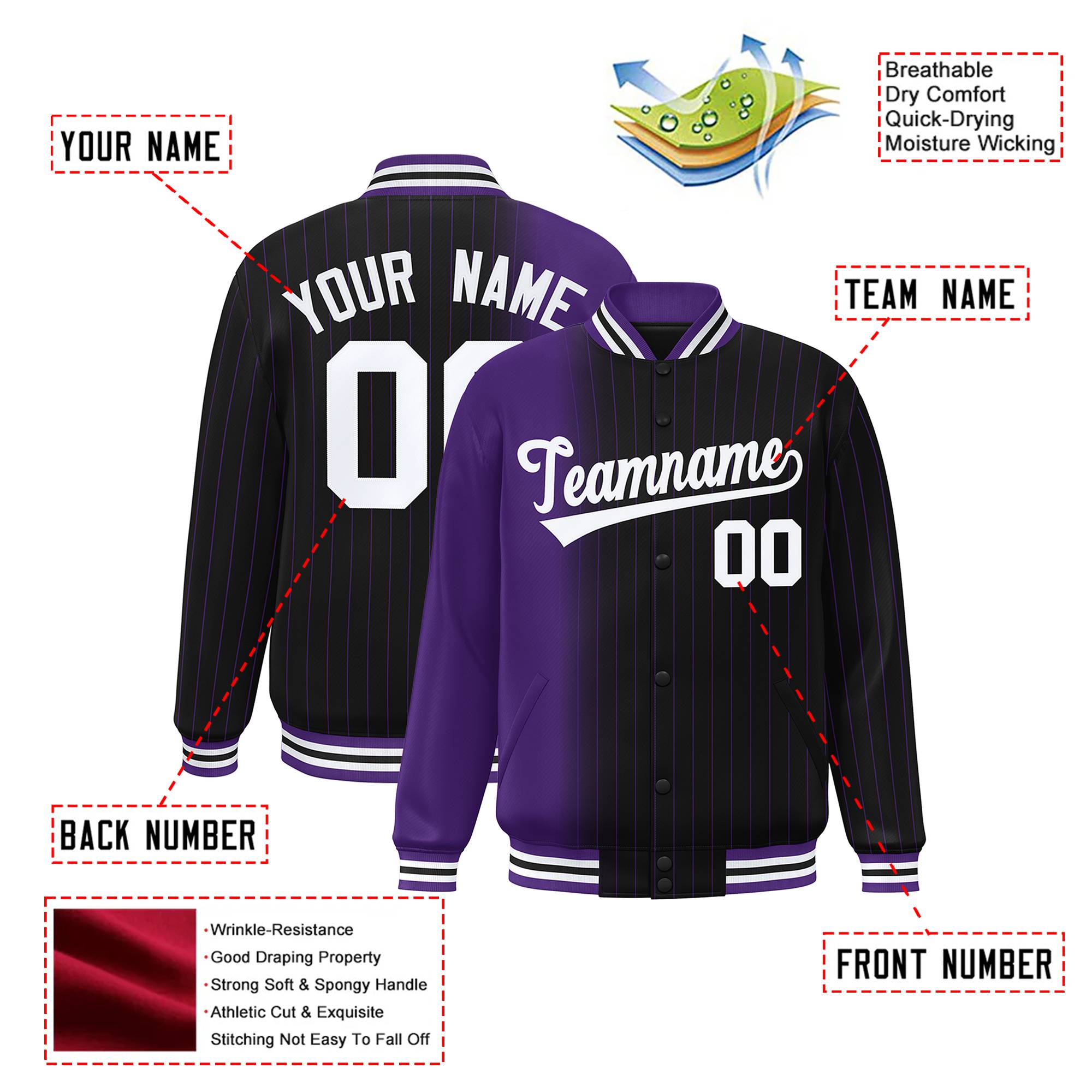 Custom Black Purple Pinstripe White-Purple Gradient Fashion Varsity Full-Snap Jacket