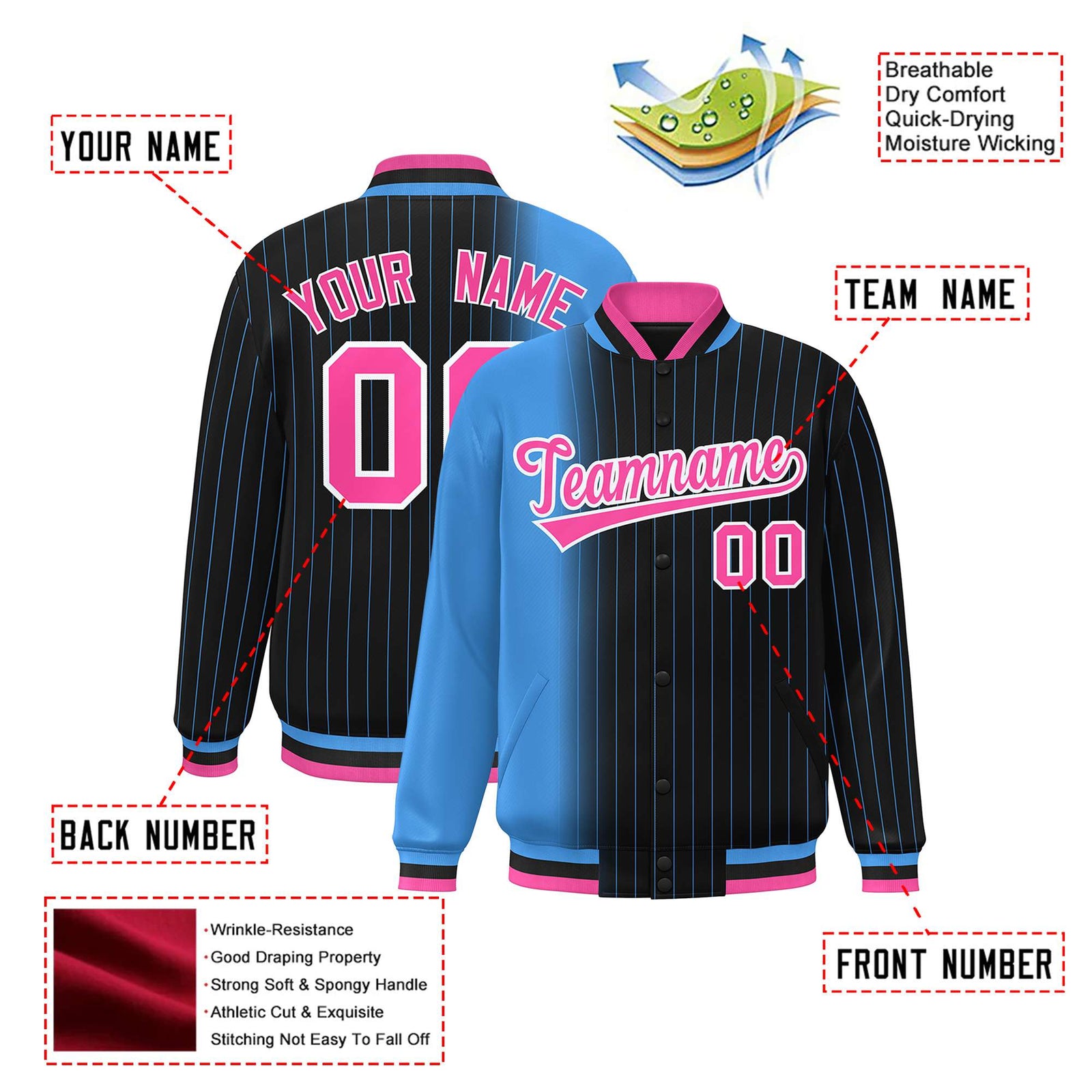 Custom Black Powder Blue Pinstripe Pink-Powder Blue Gradient Fashion Varsity Full-Snap Jacket