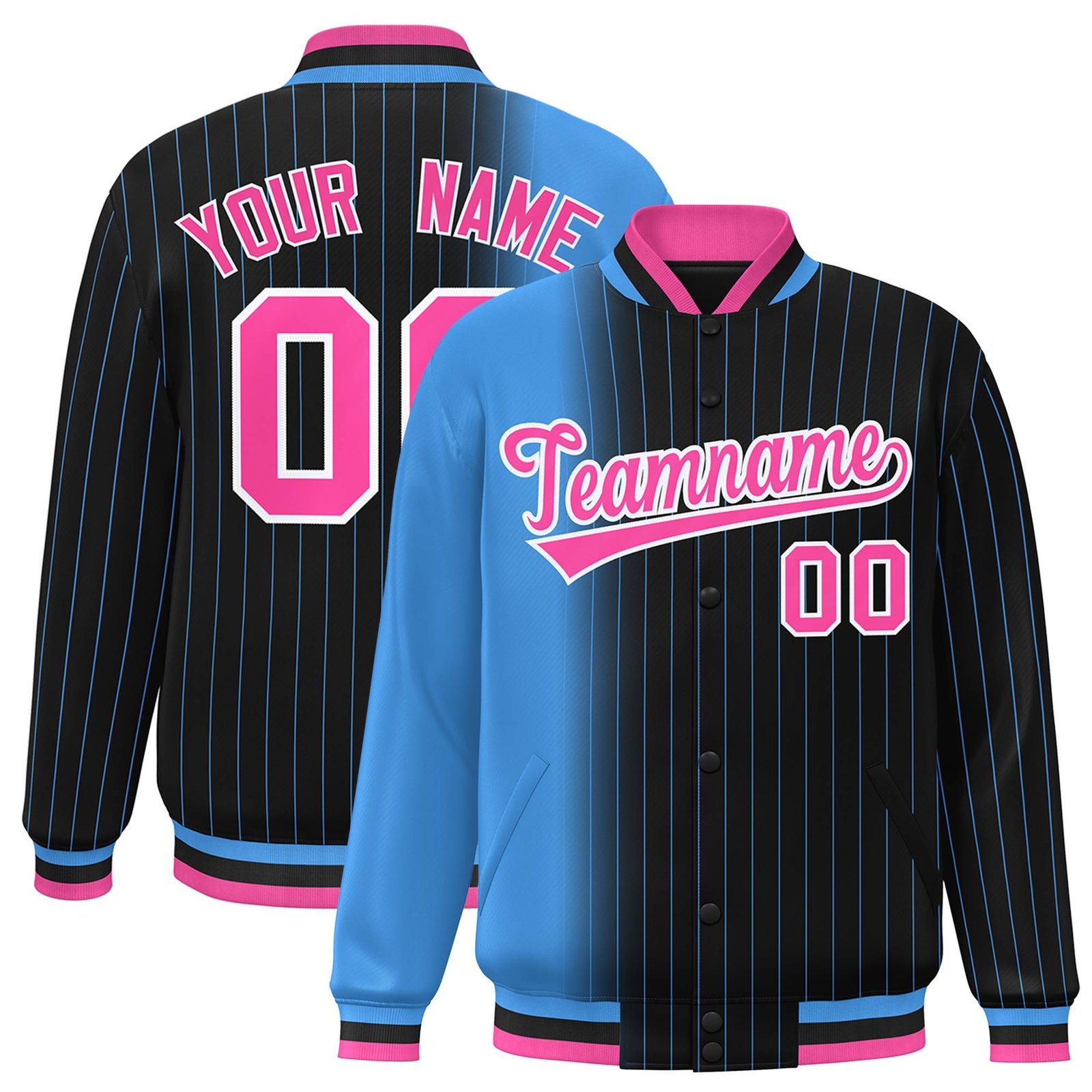 Custom Black Powder Blue Pinstripe Pink-Powder Blue Gradient Fashion Varsity Full-Snap Jacket