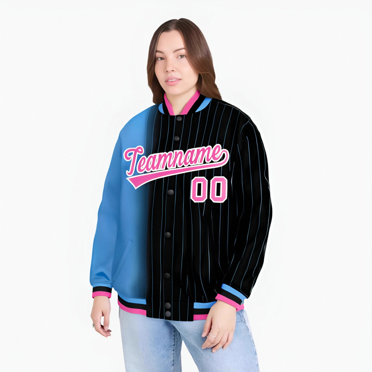Custom Black Powder Blue Pinstripe Pink-Powder Blue Gradient Fashion Varsity Full-Snap Jacket