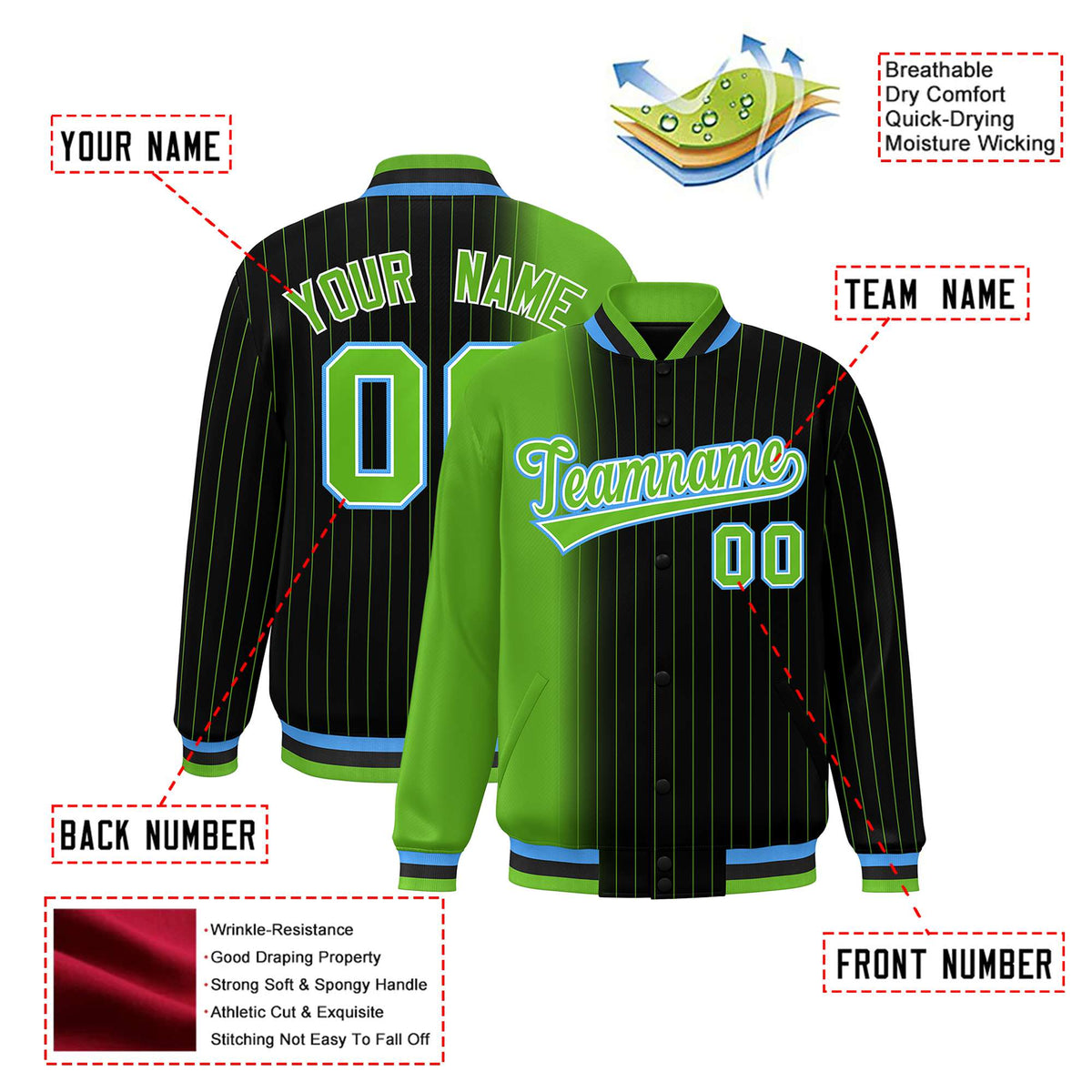 Custom Black Neon Green Pinstripe Powder Blue-Neon Green Gradient Fashion Varsity Full-Snap Jacket