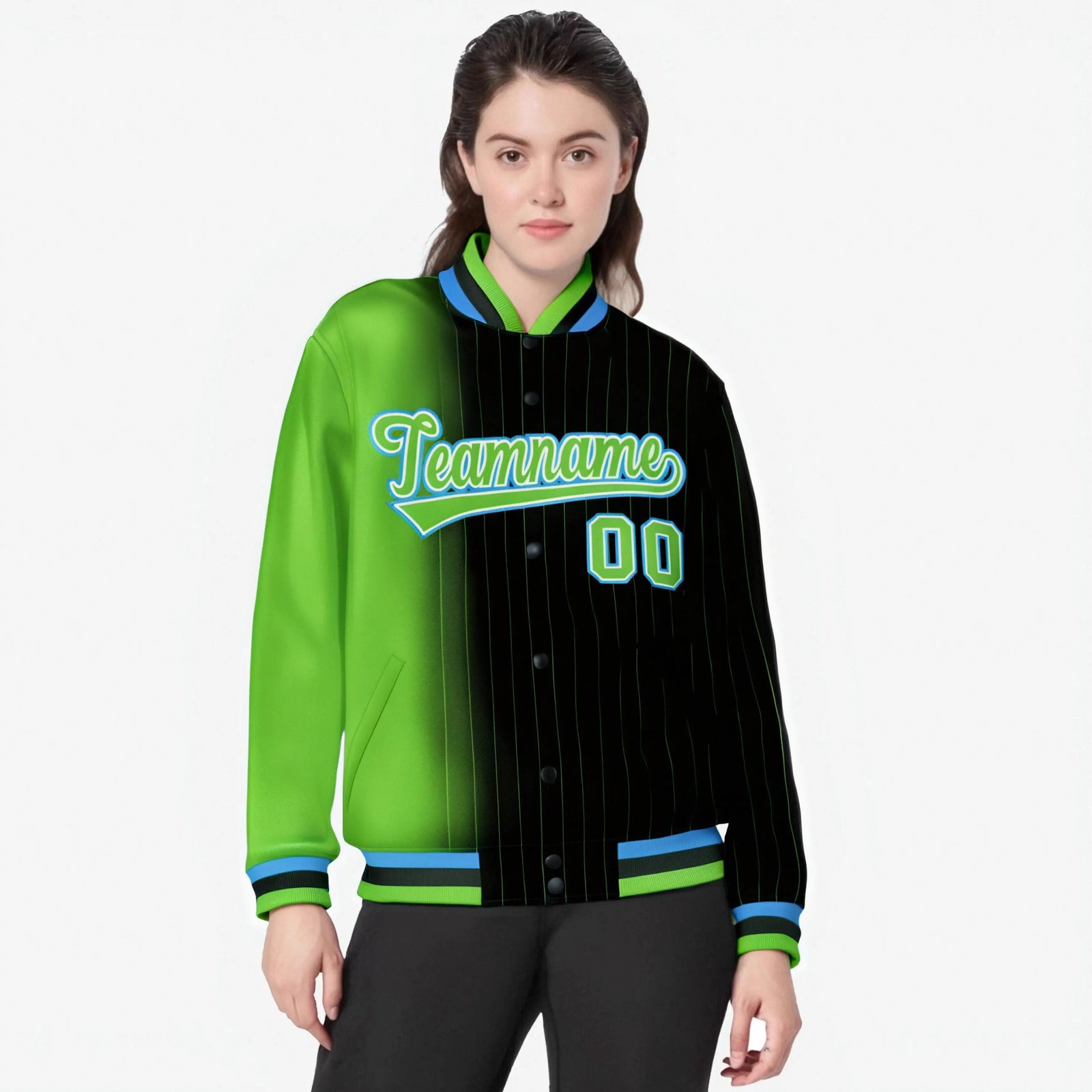 Custom Black Neon Green Pinstripe Powder Blue-Neon Green Gradient Fashion Varsity Full-Snap Jacket
