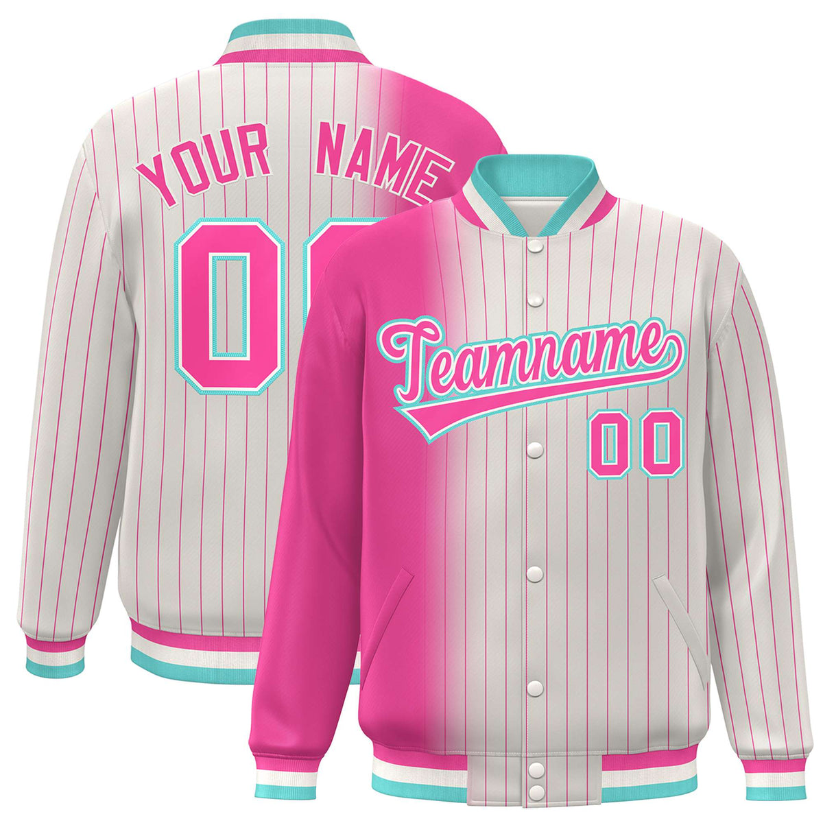 Custom Cream Pink Pinstripe Aqua-Pink Gradient Fashion Varsity Full-Snap Jacket