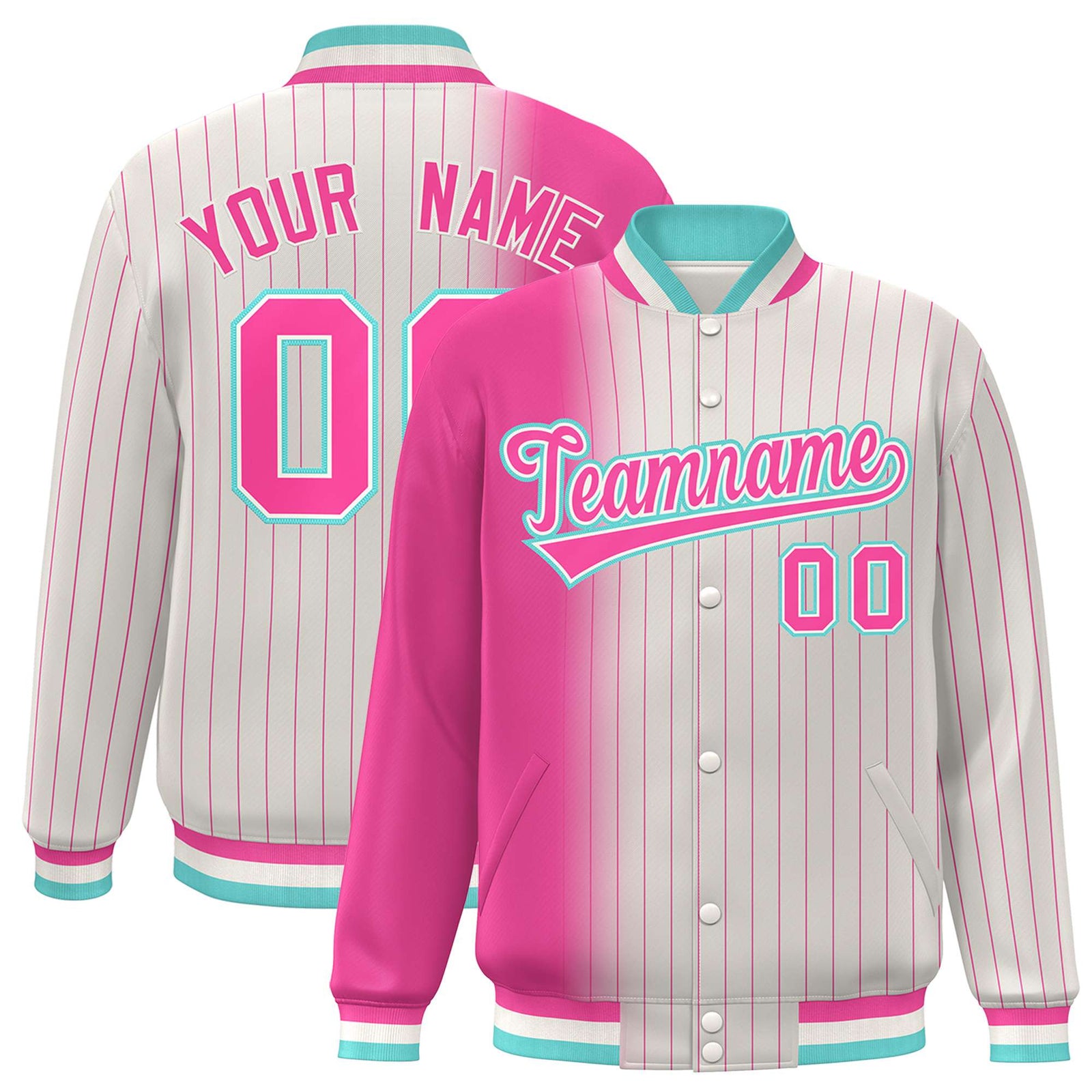 Custom Cream Pink Pinstripe Aqua-Pink Gradient Fashion Varsity Full-Snap Jacket